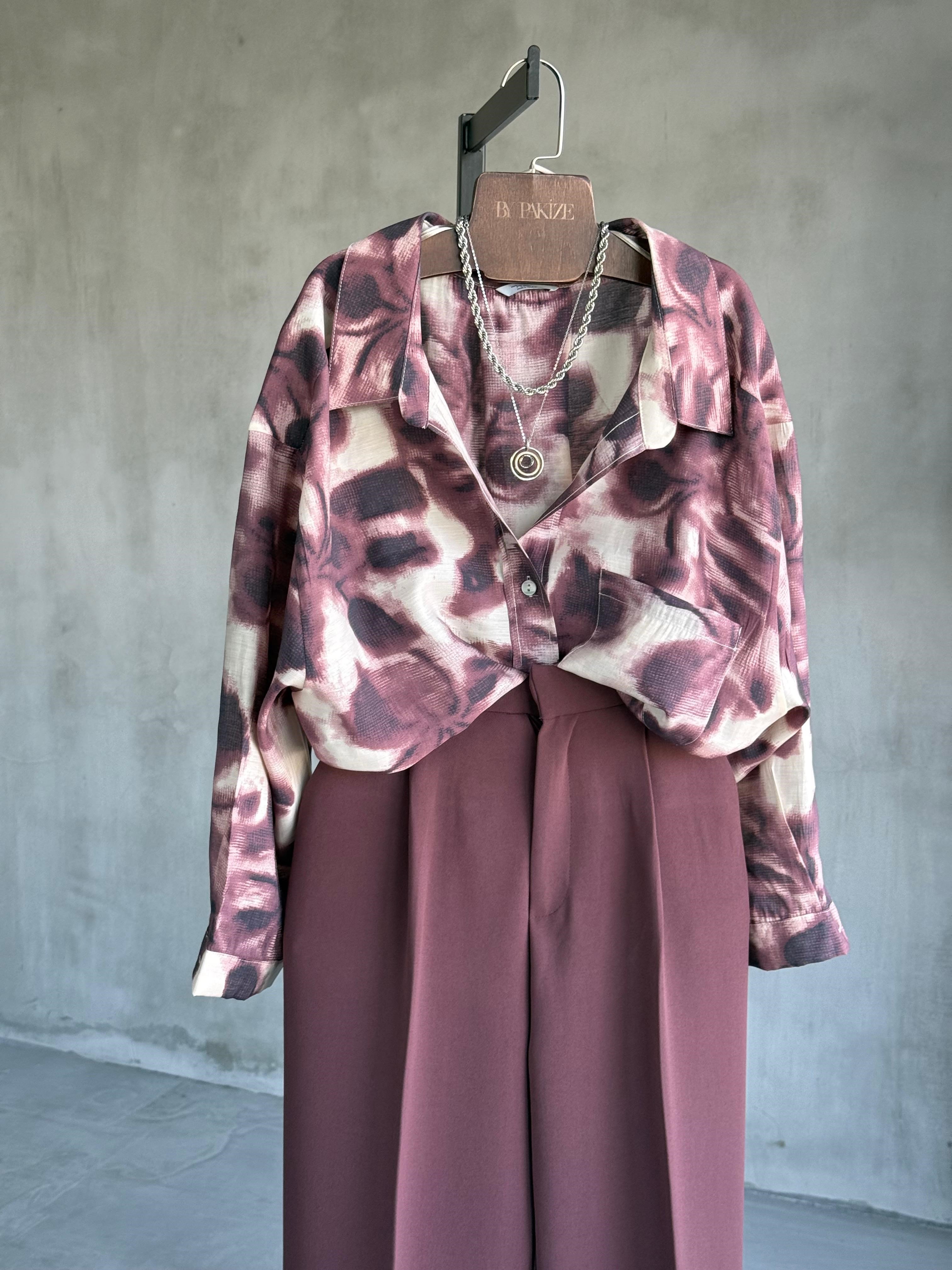 Çiçek Desenli Düşük Omuzlu Oversize Gömlek (Bordo)