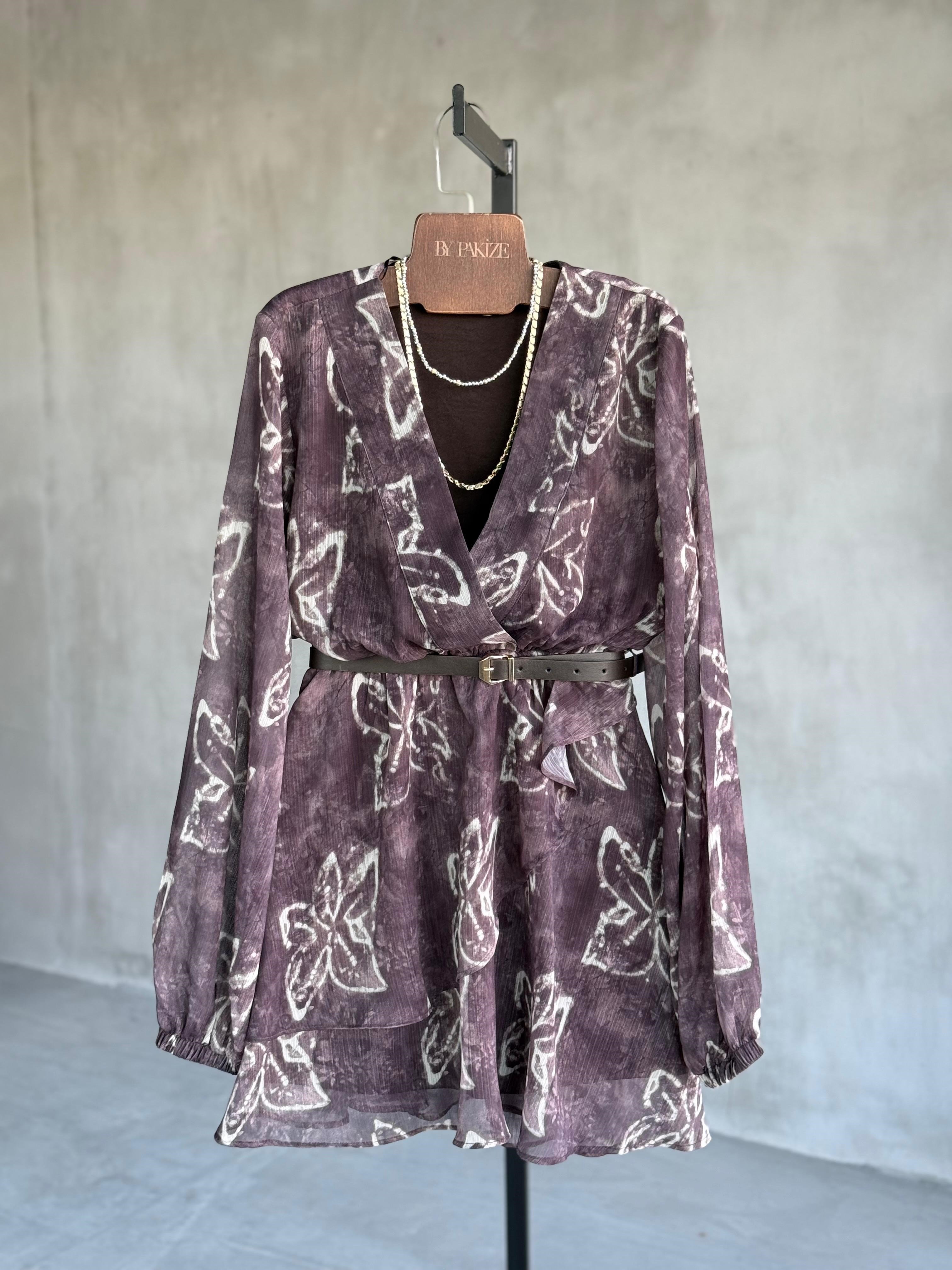 Çiçekli Şifon Mini Elbise (Kahve)