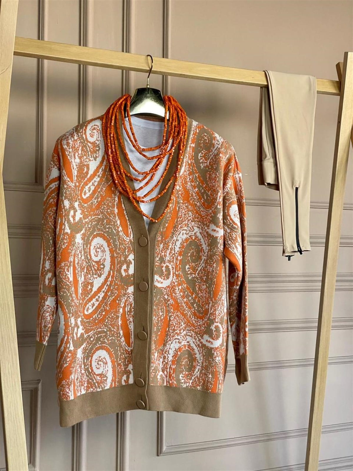 Çift Renk Desenli Oversize Hırka (Camel)