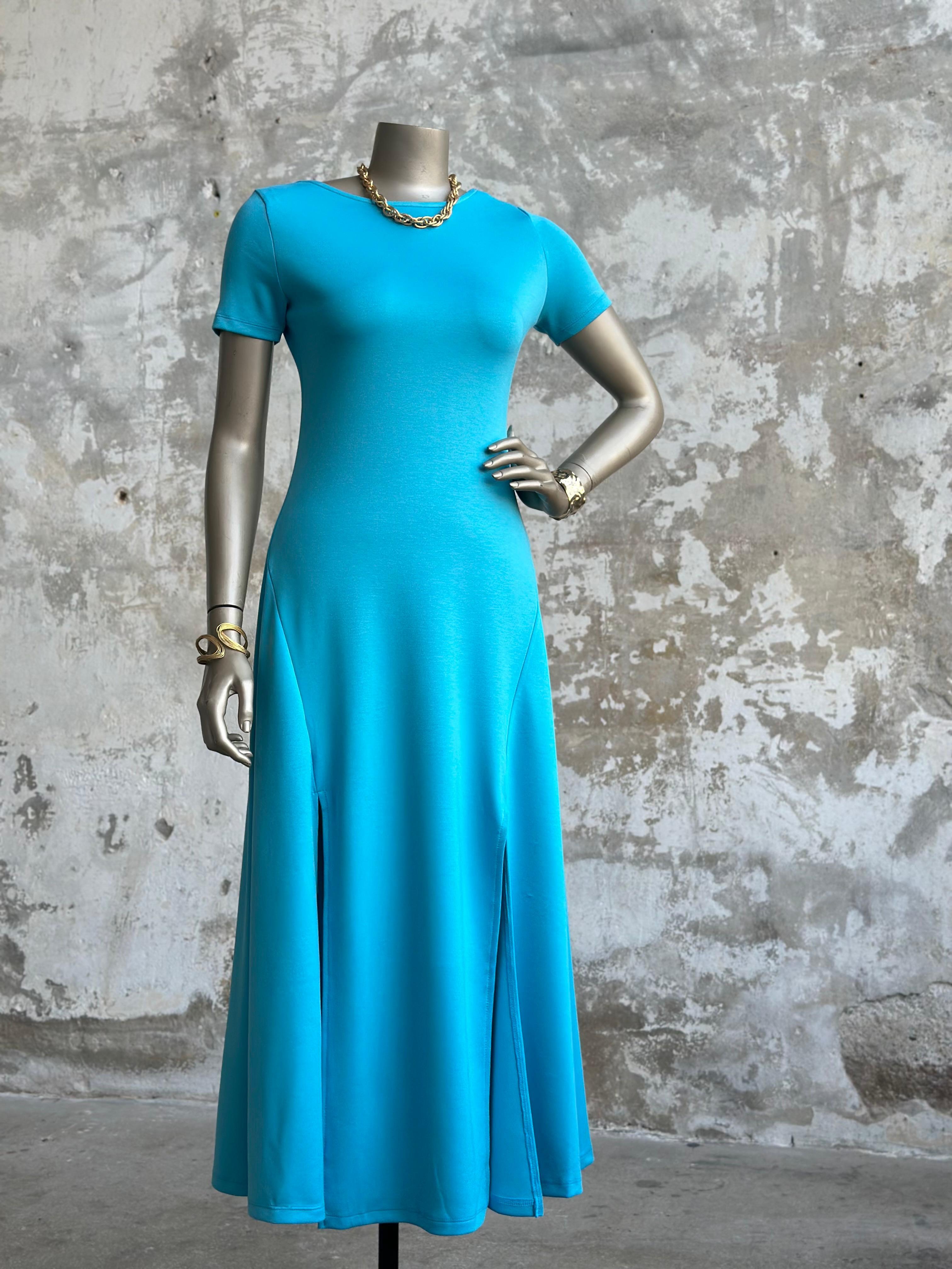 Çift Yırtmaç Detaylı Sırt Dekolteli Modal Elbise (Turkuaz)