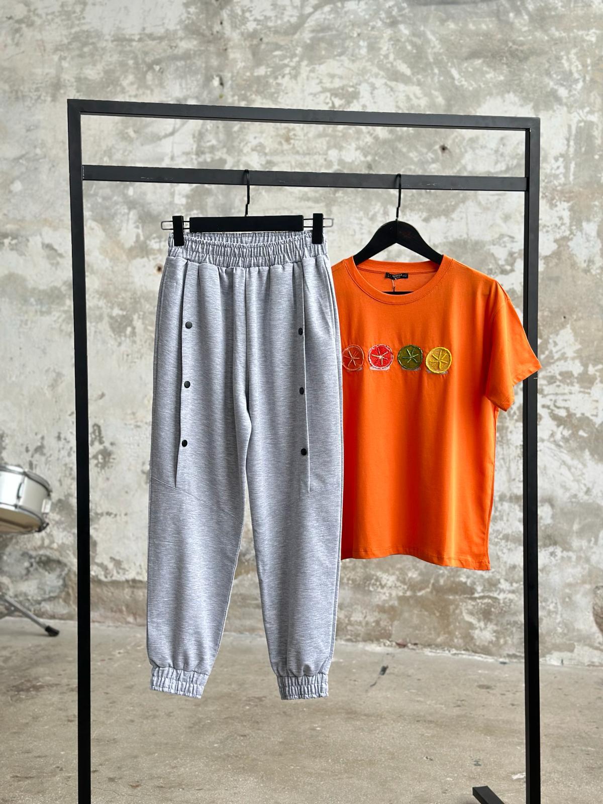 Çıtçıt Detaylı Paça Lastikli Pantolon (Gri)