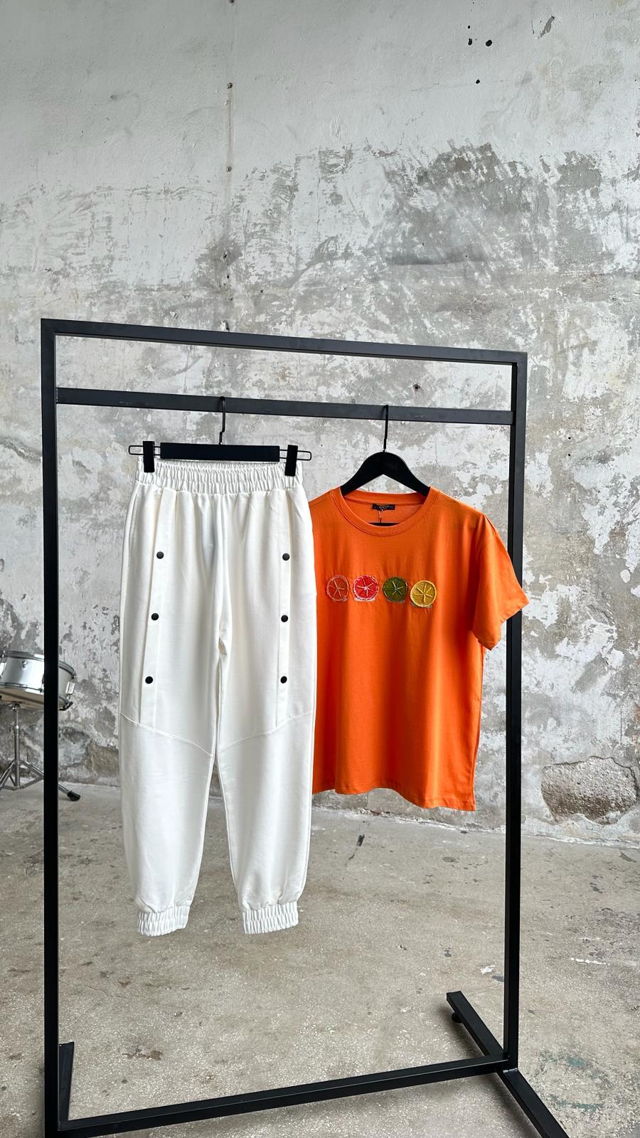 Çıtçıt Detaylı Paça Lastikli Pantolon (Beyaz)