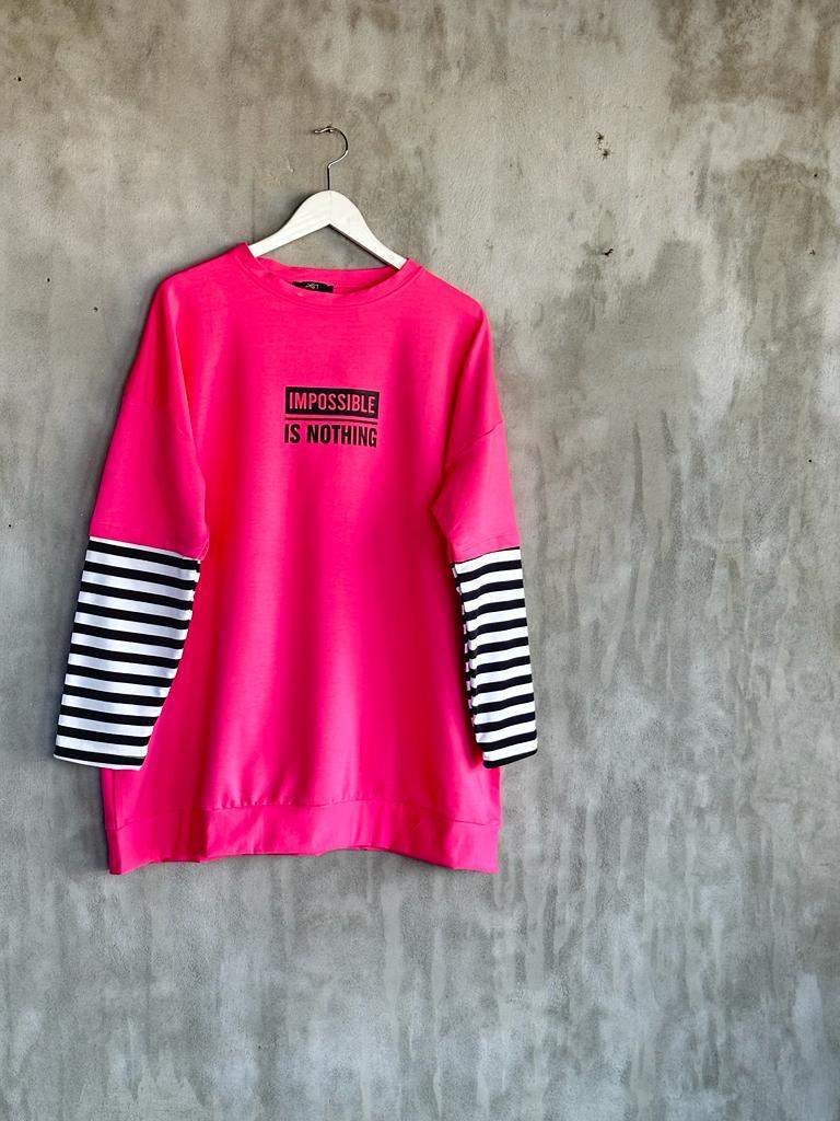 Çizgi Kollu Oversize Tunik (Pembe)