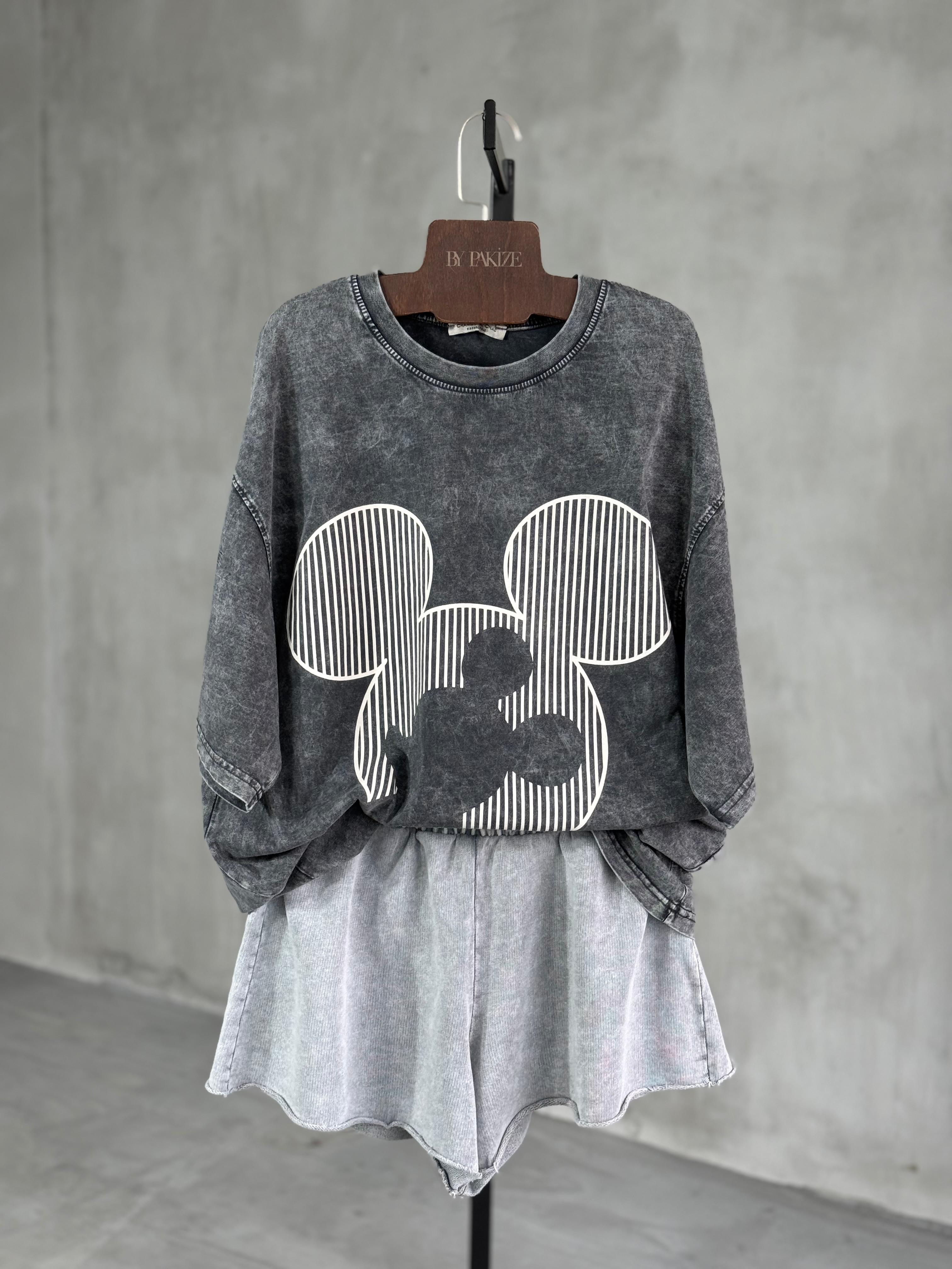 Çizgili Mickey Baskılı Taş Yıkama Oversize Dokuma Tişört (Gri)