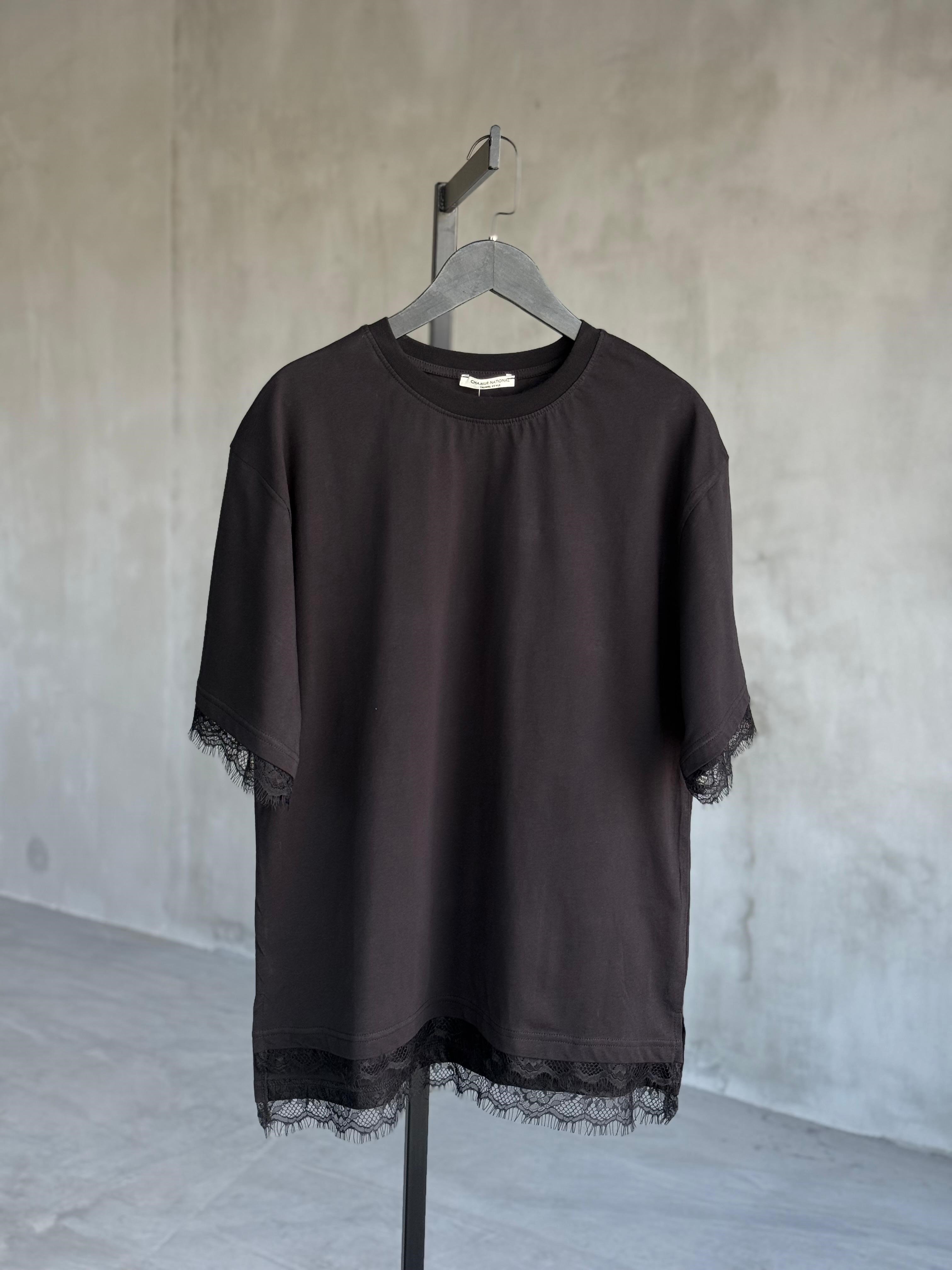 Dantel Detaylı Oversize Tunik Tişört (Siyah)