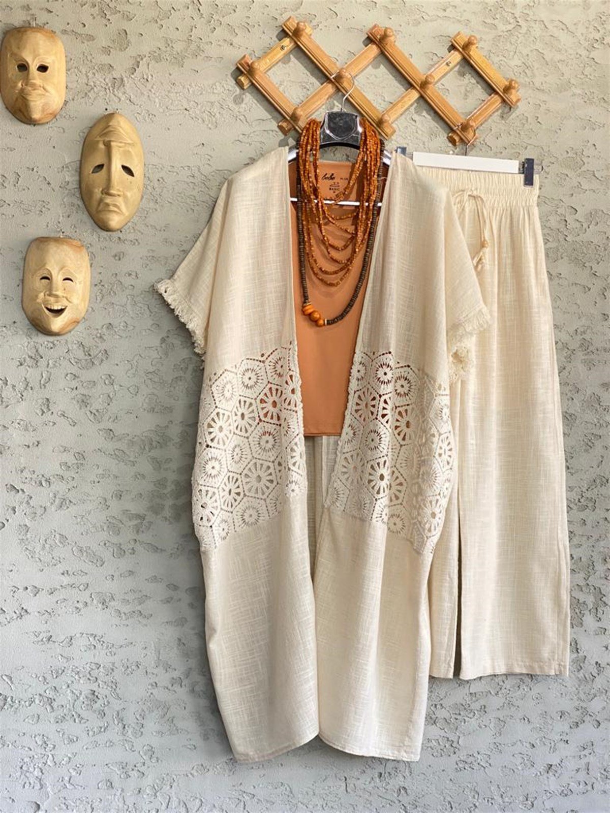 Dantel Güpürlü Keten Kaftan (Ekru)
