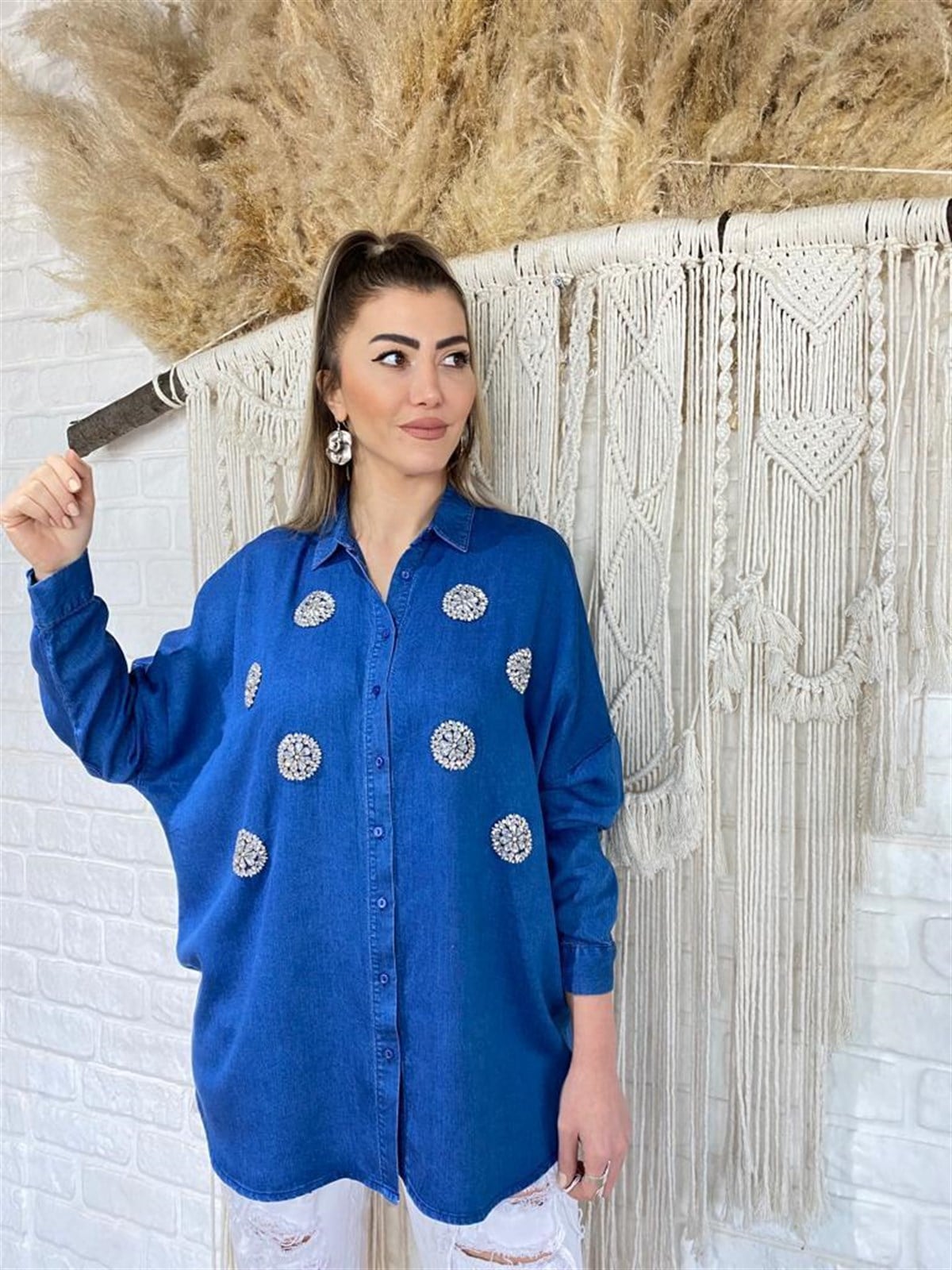 Denim Taşlı Gömlek (Lacivert)