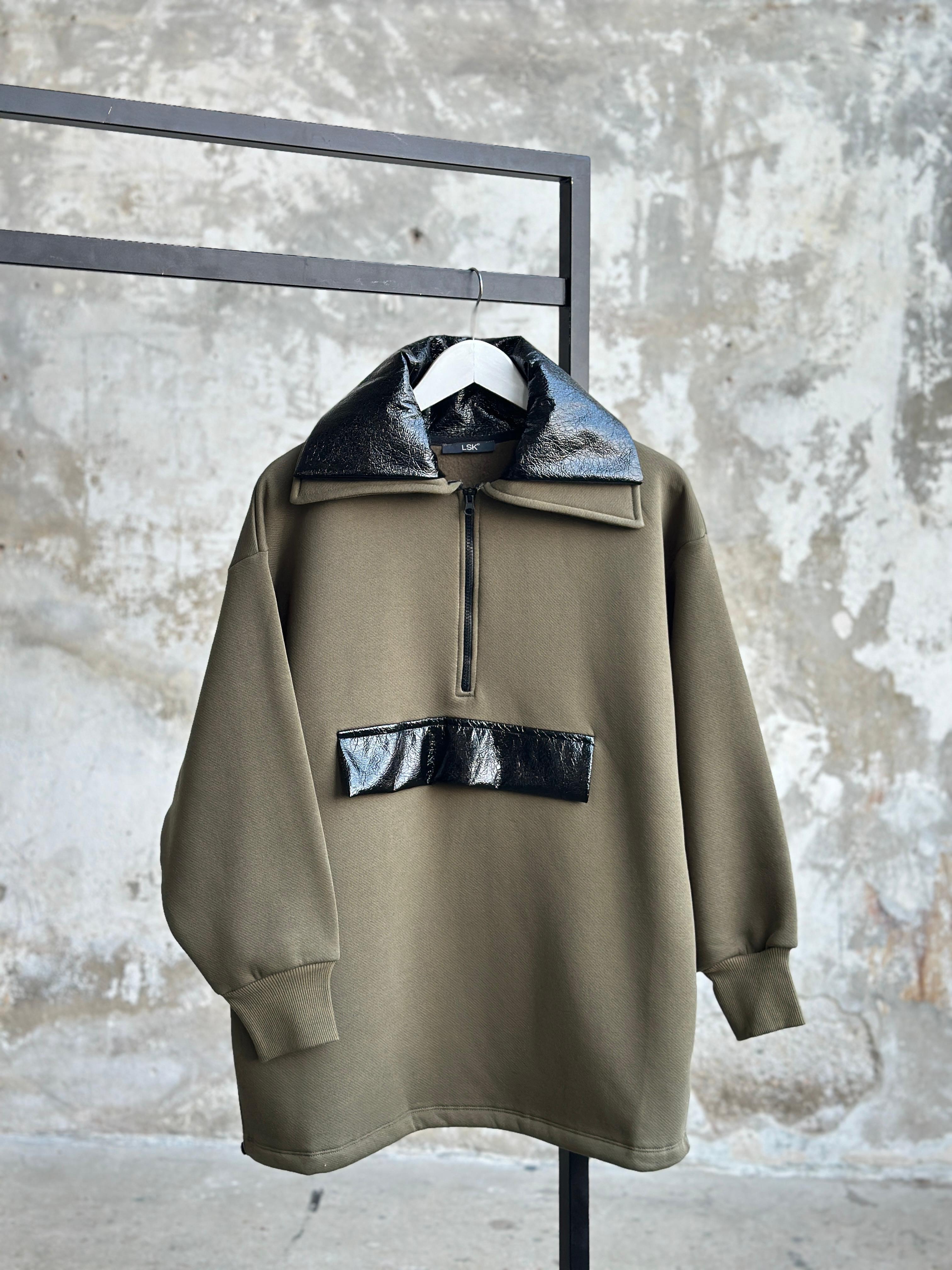 Deri Detaylı Yarım Fermuarlı Tunik Sweat (Haki)