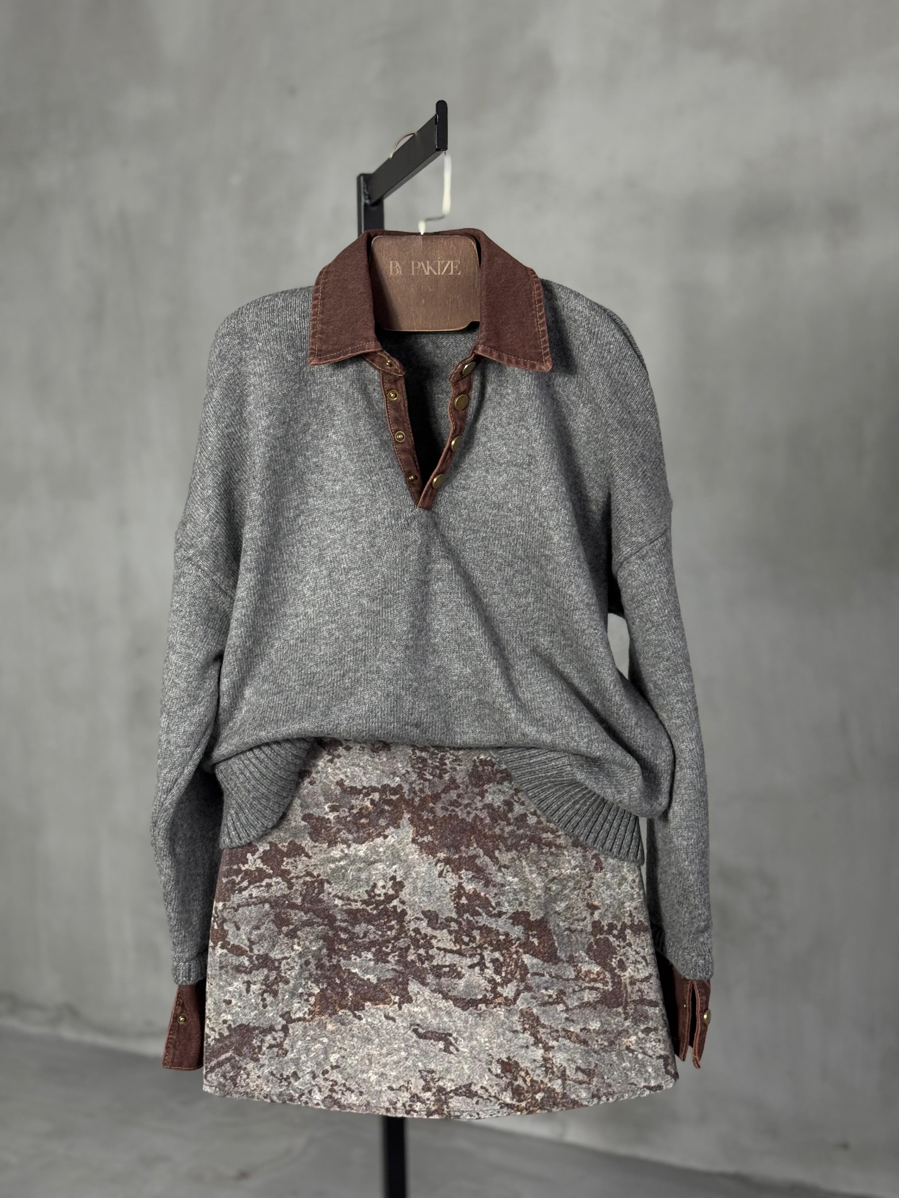 Desenli Gabardin Etek (Gri)