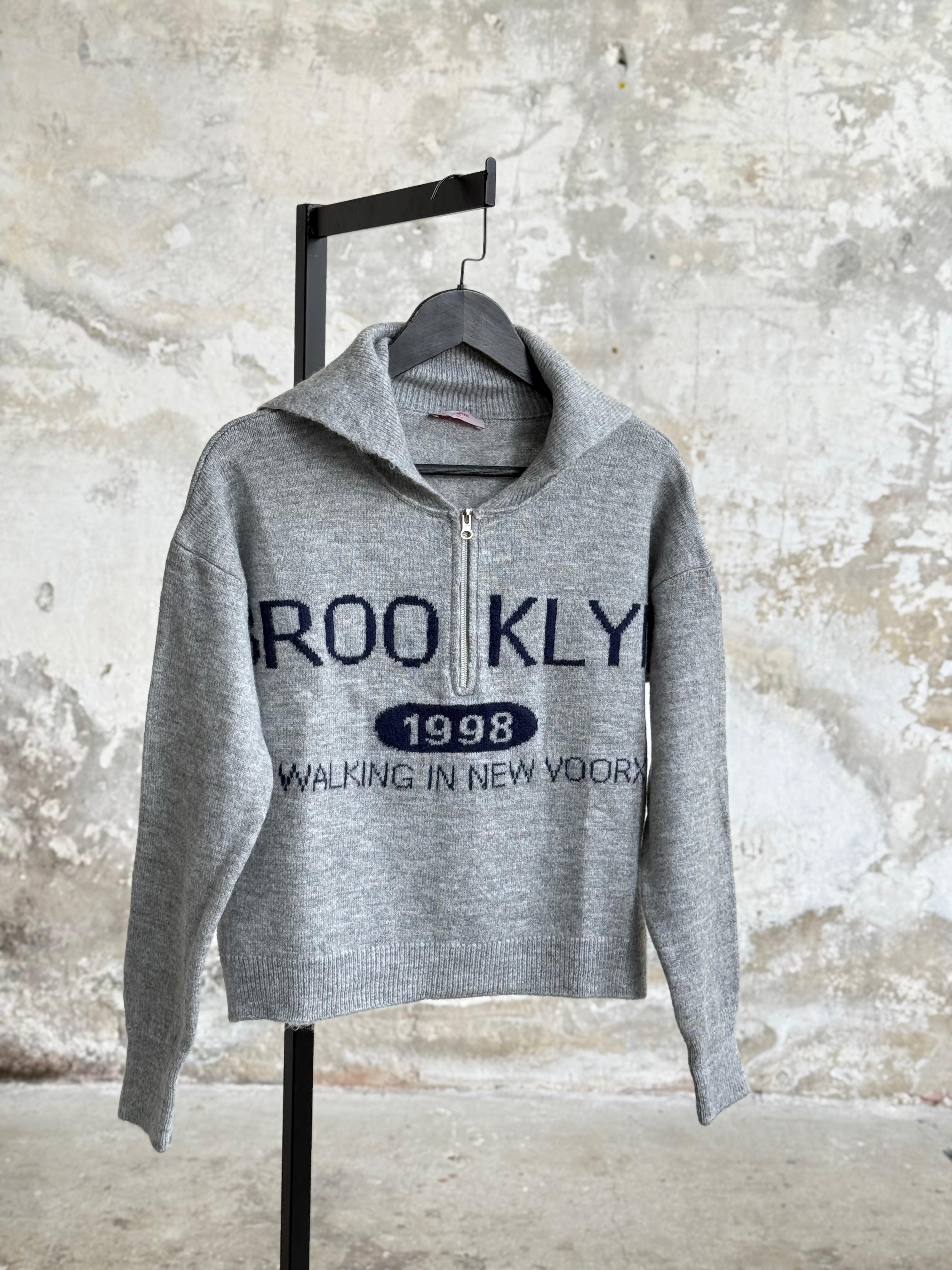 Dik Yaka Fermuarlı Kazak (Gri)