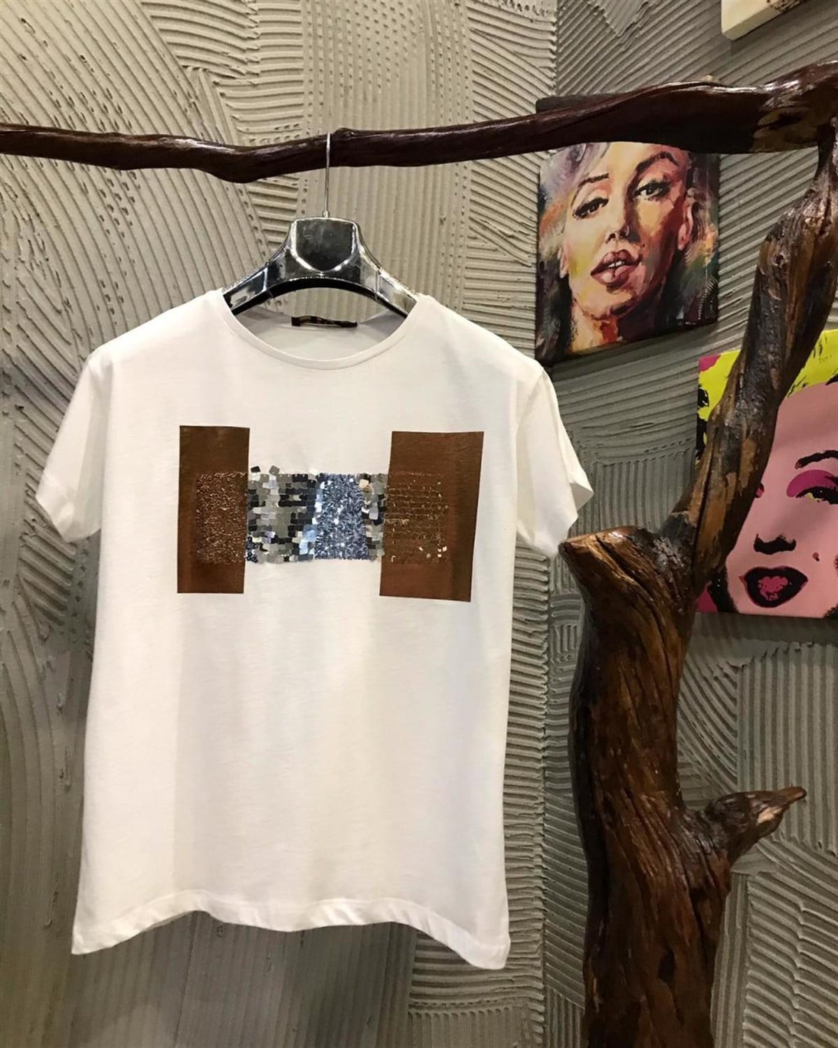 Dore Baskılı Pul Payet İşçilikli Tshirt