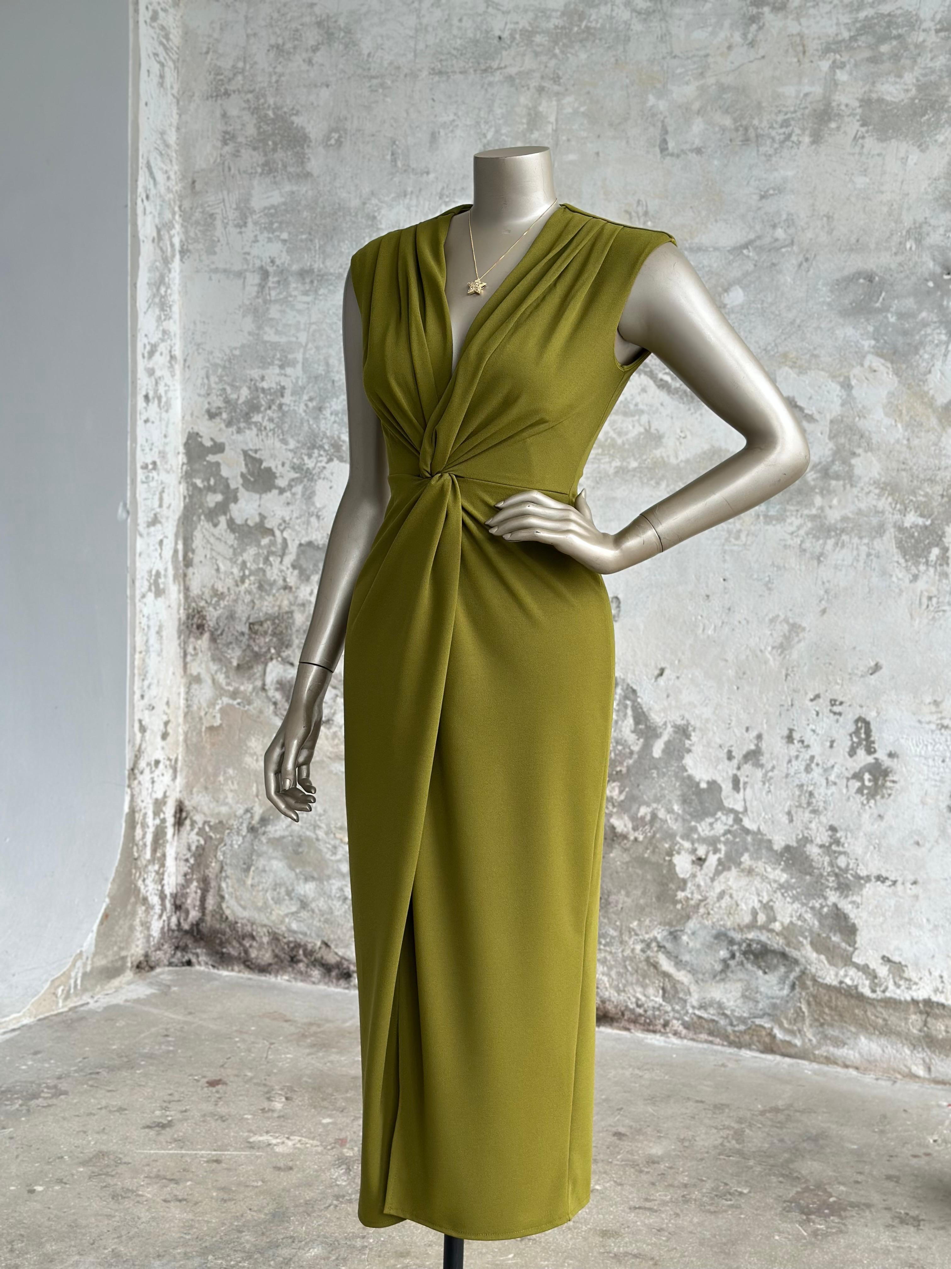 Düğüm Detaylı Kruvaze Yaka Elbise (Yağ Yeşili)