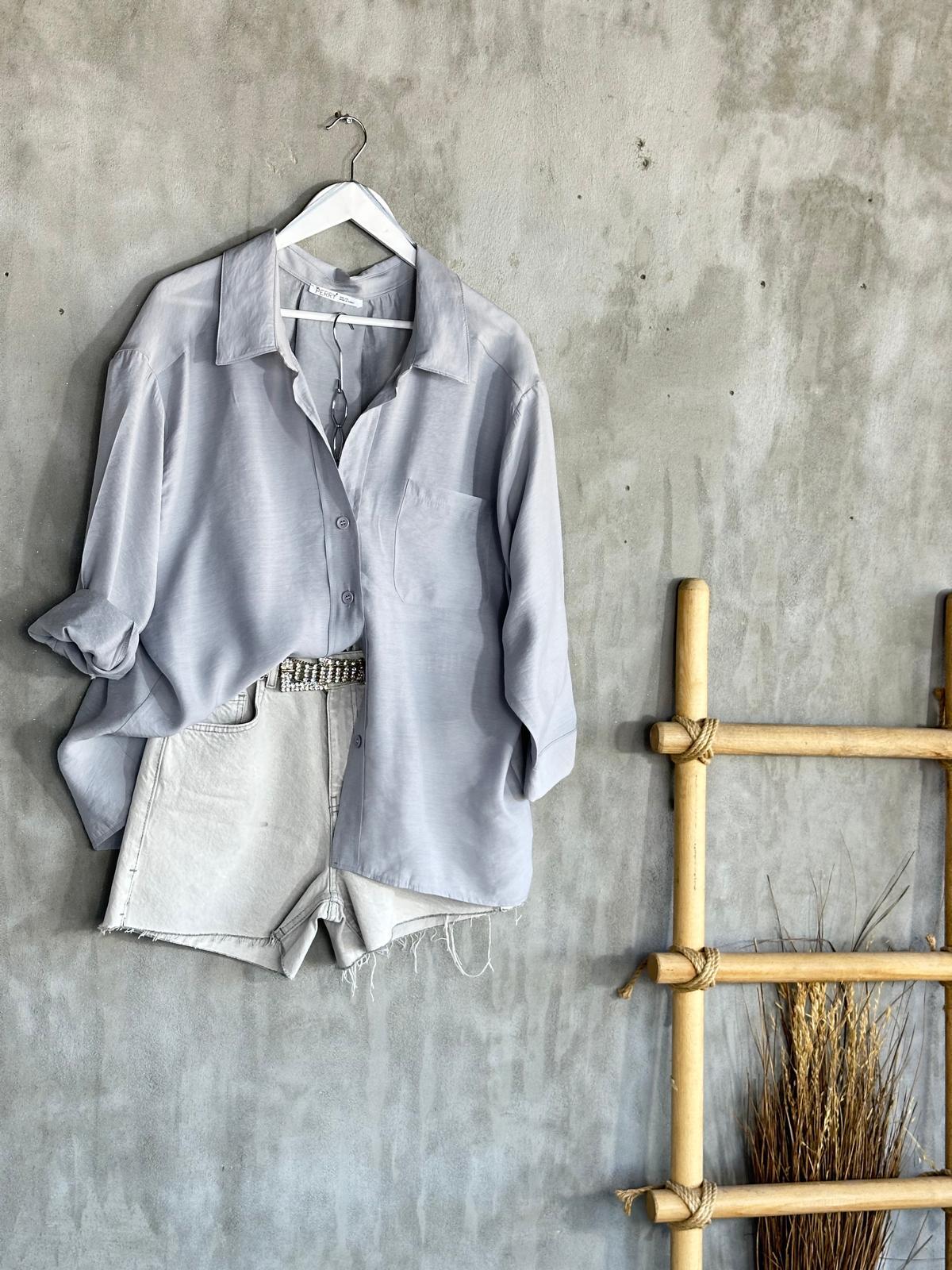 Düşük Omuzlu Oversize Gömlek (Gri)