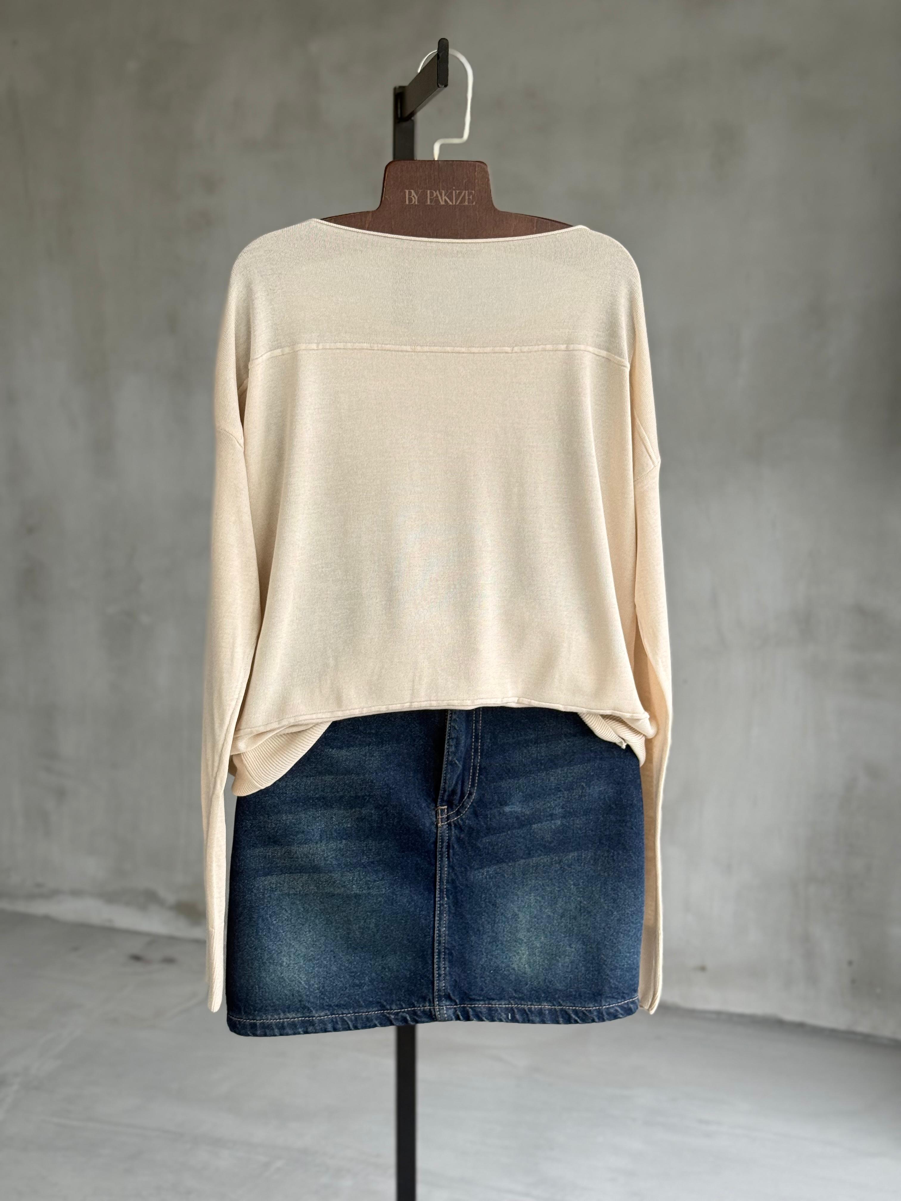 Düz Yaka Triko Kazak (Ekru)