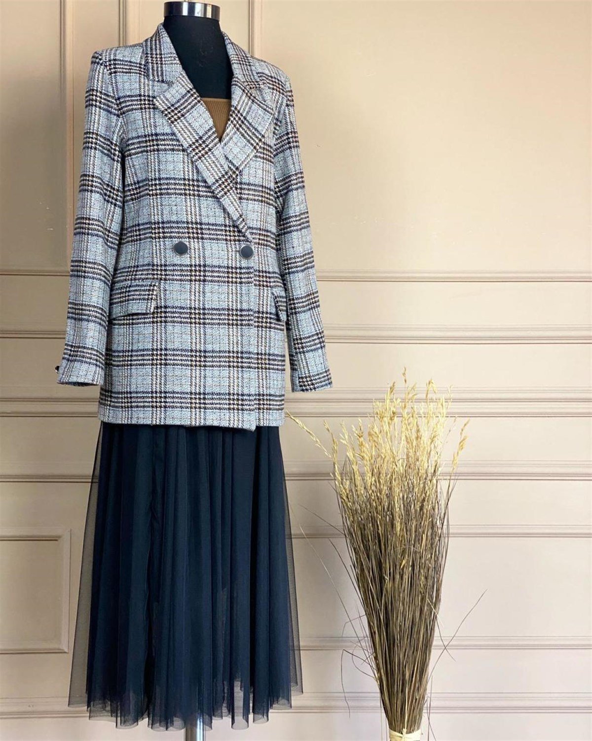 Ekose Desen Kaşe Kumaş Blazer Ceket