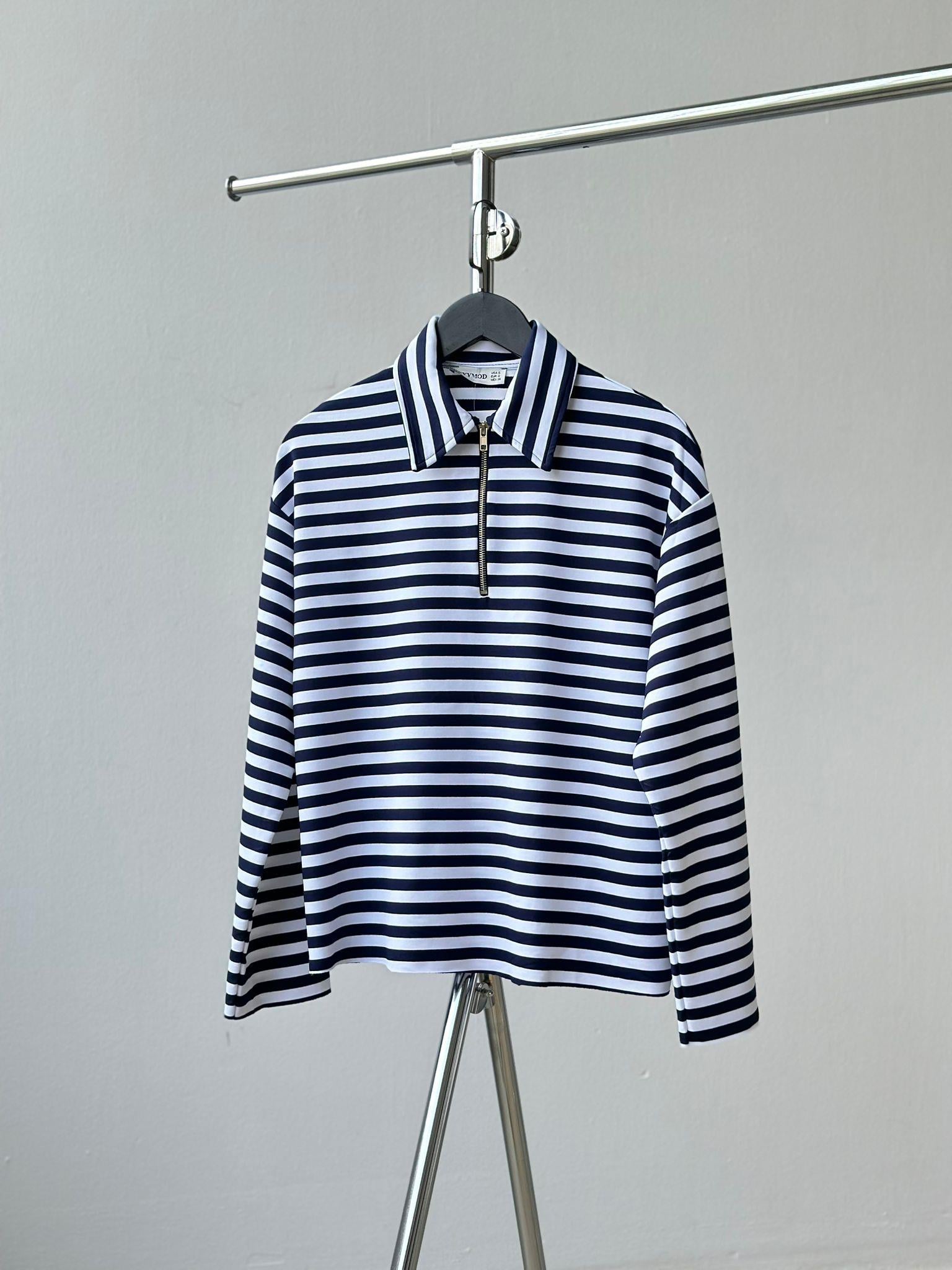 Fermuarlı Çizgili Sweat (Lacivert)
