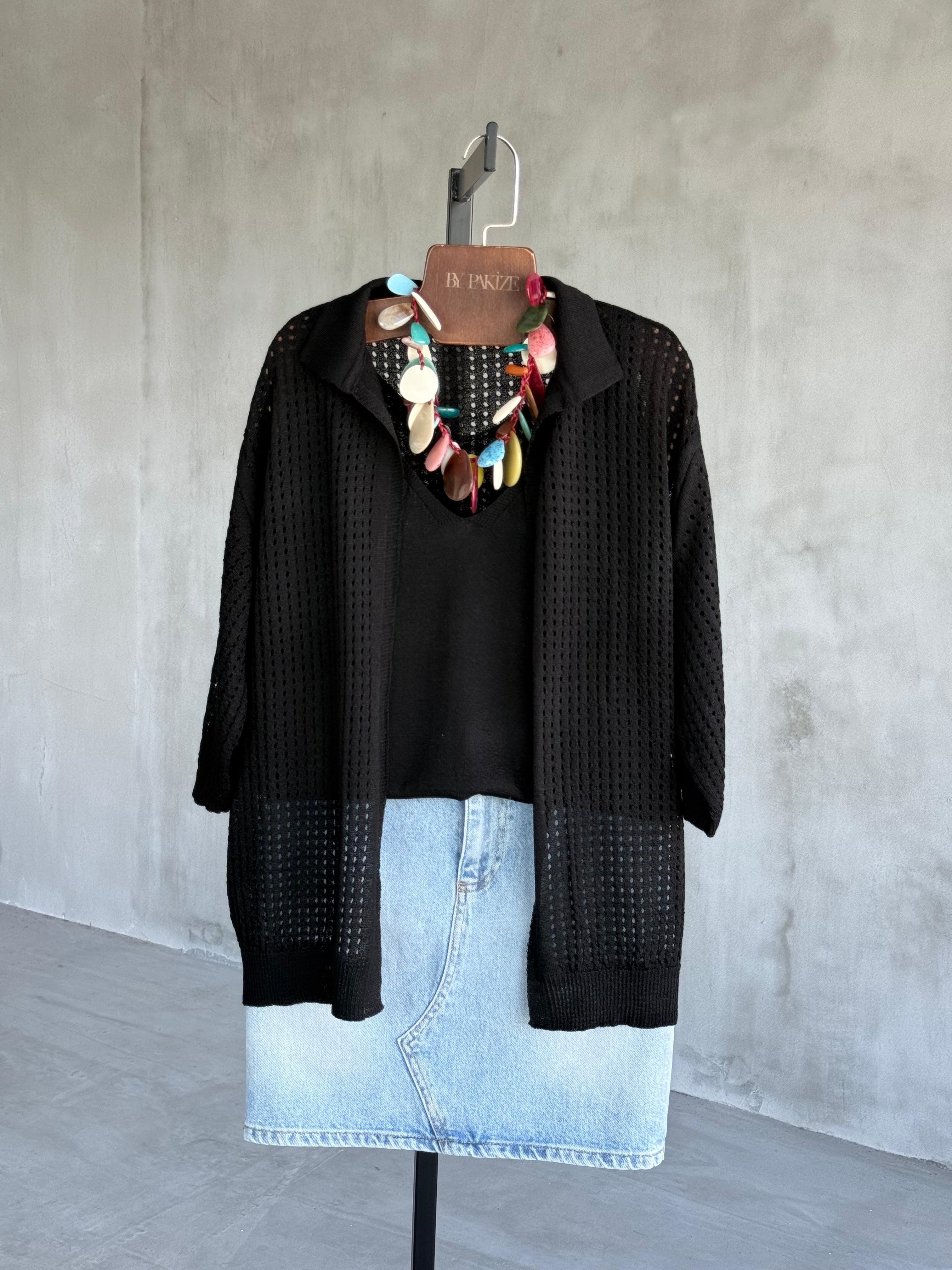 Fileli Merserize Hırka Atlet İkili Takım (Siyah) 