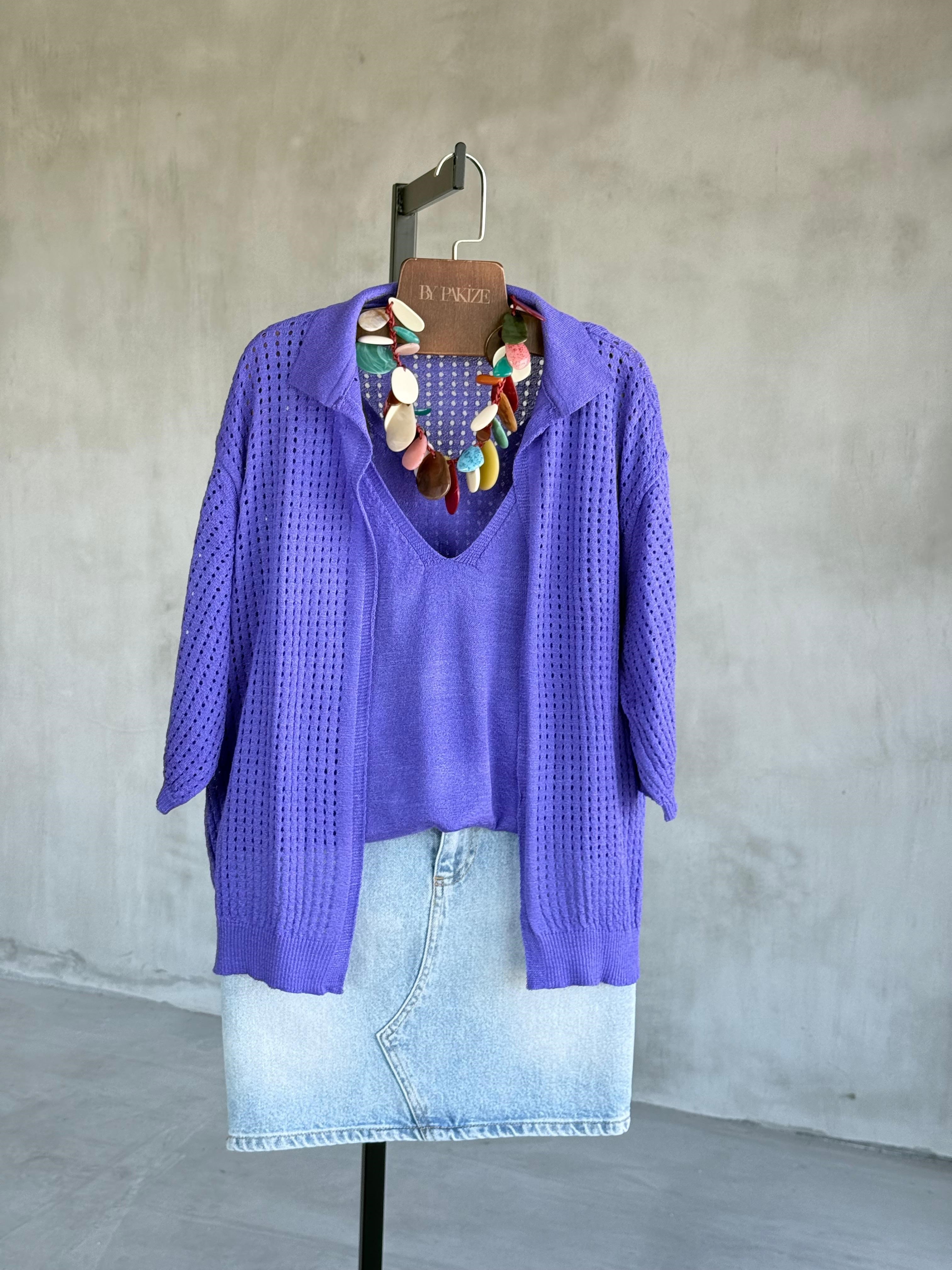 Fileli Merserize Hırka Atlet İkili Takım (Mor) 