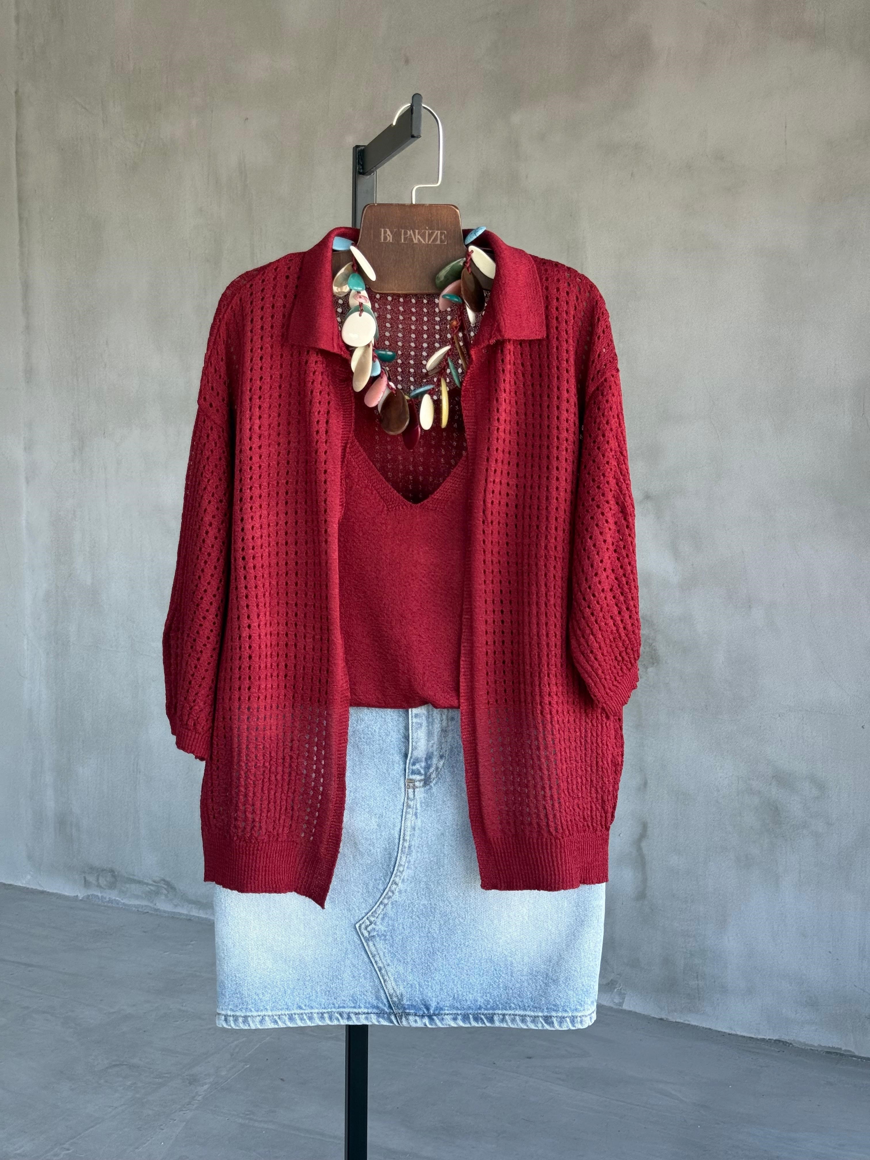 Fileli Merserize Hırka Atlet İkili Takım (Bordo) 