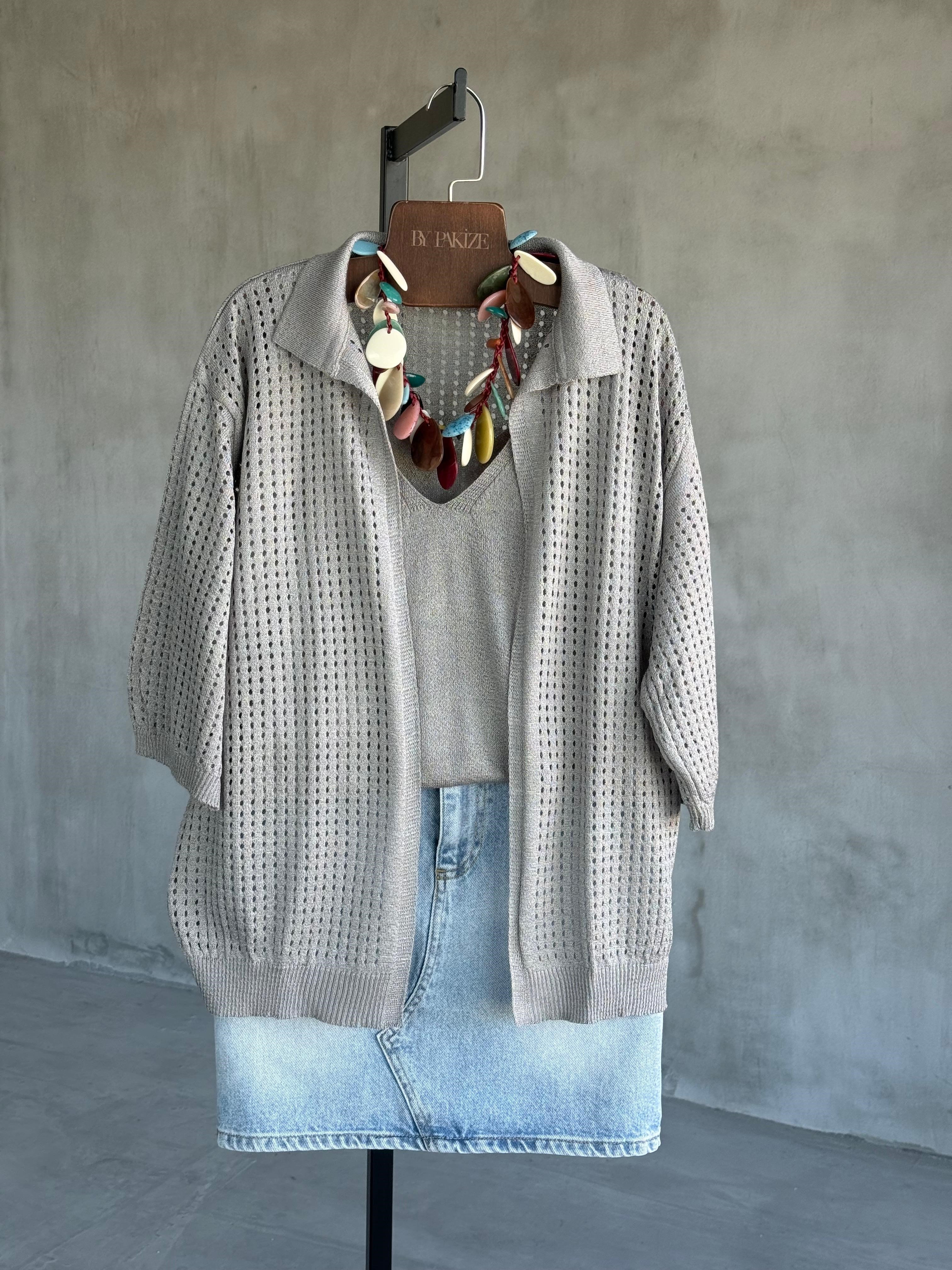 Fileli Merserize Hırka Atlet İkili Takım (Gri) 