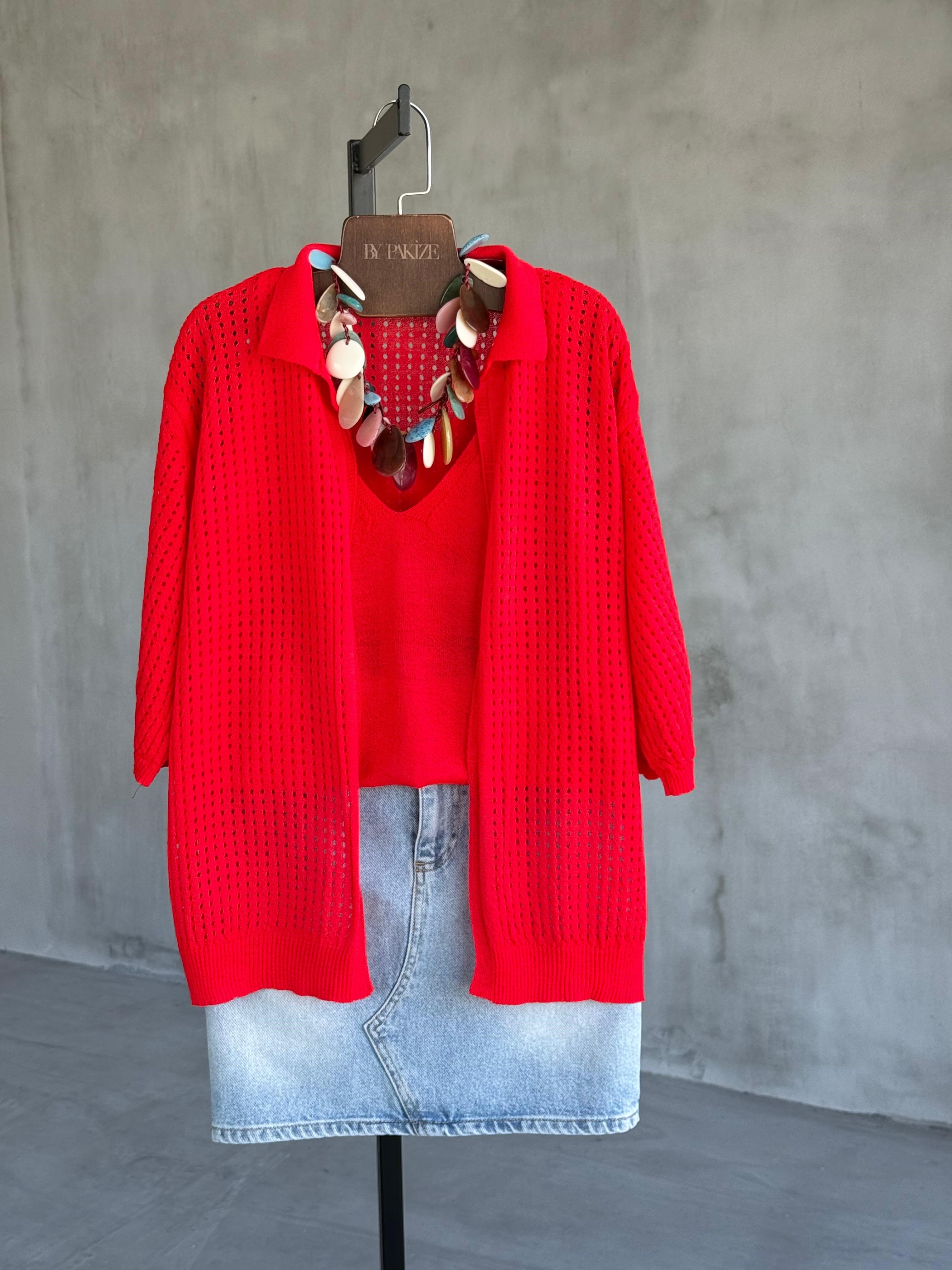 Fileli Merserize Hırka Atlet İkili Takım (Kırmızı) 