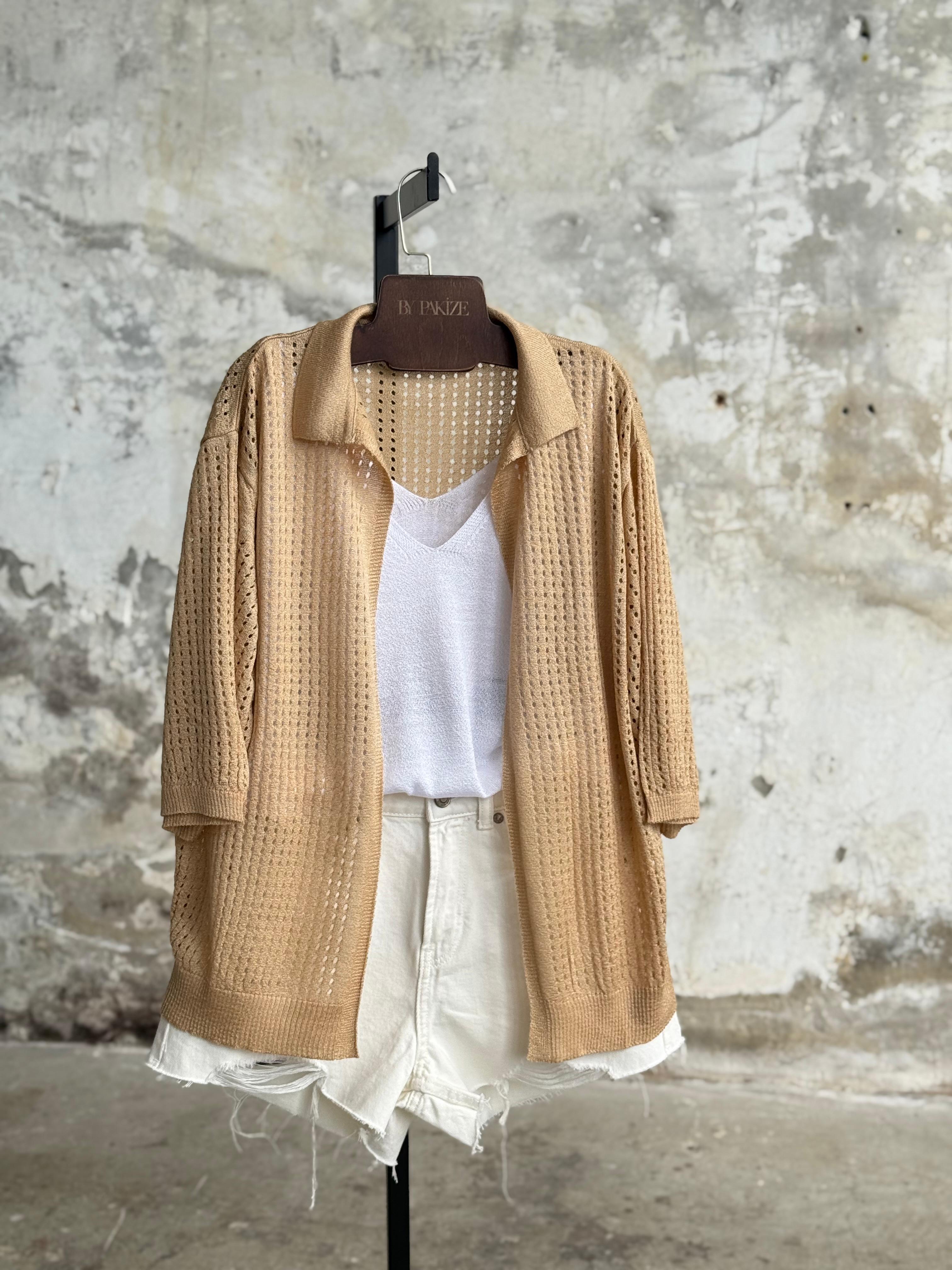 Fileli Oversize Merserize Hırka (Camel)