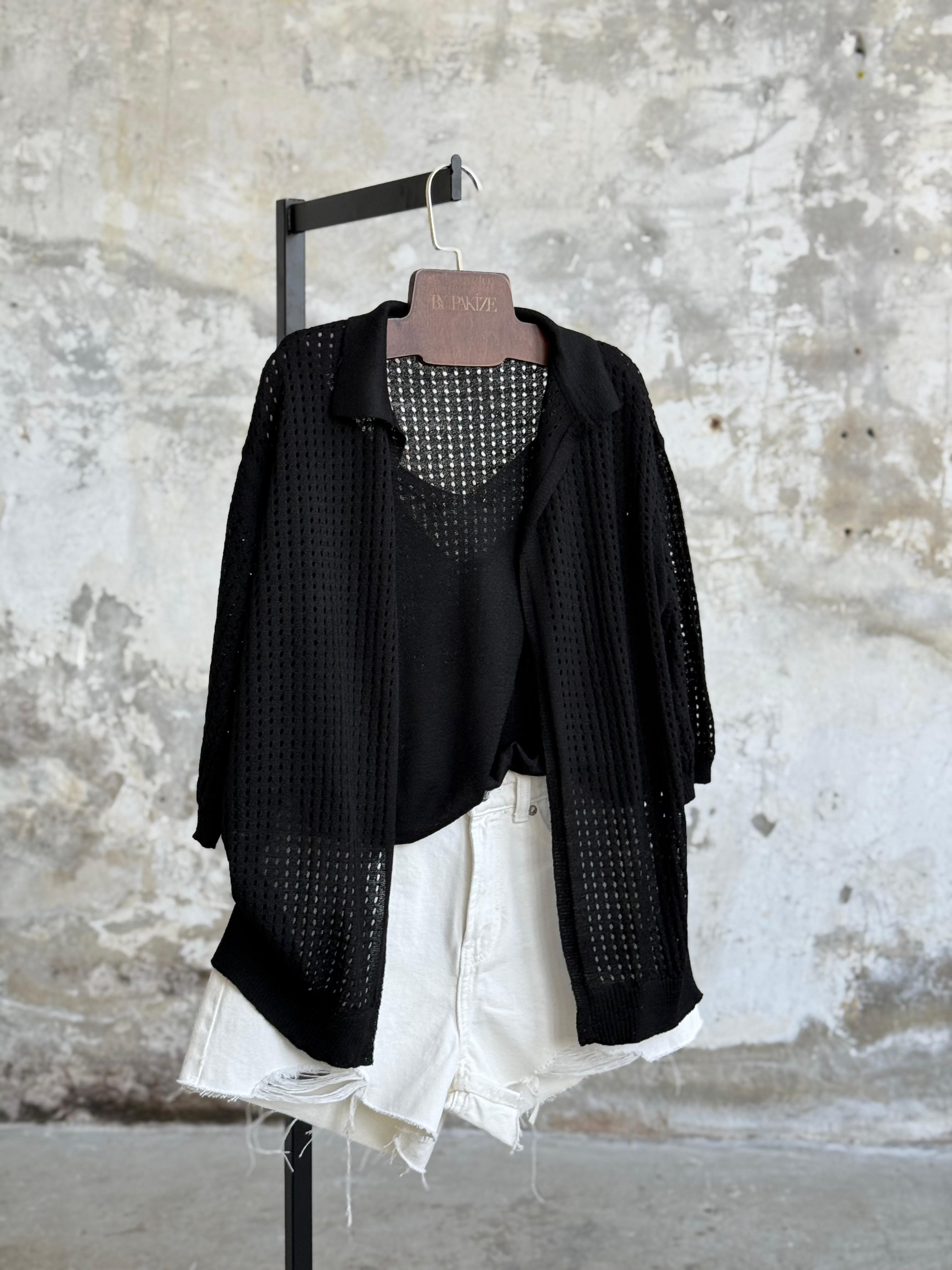 Fileli Oversize Merserize Hırka (Siyah)