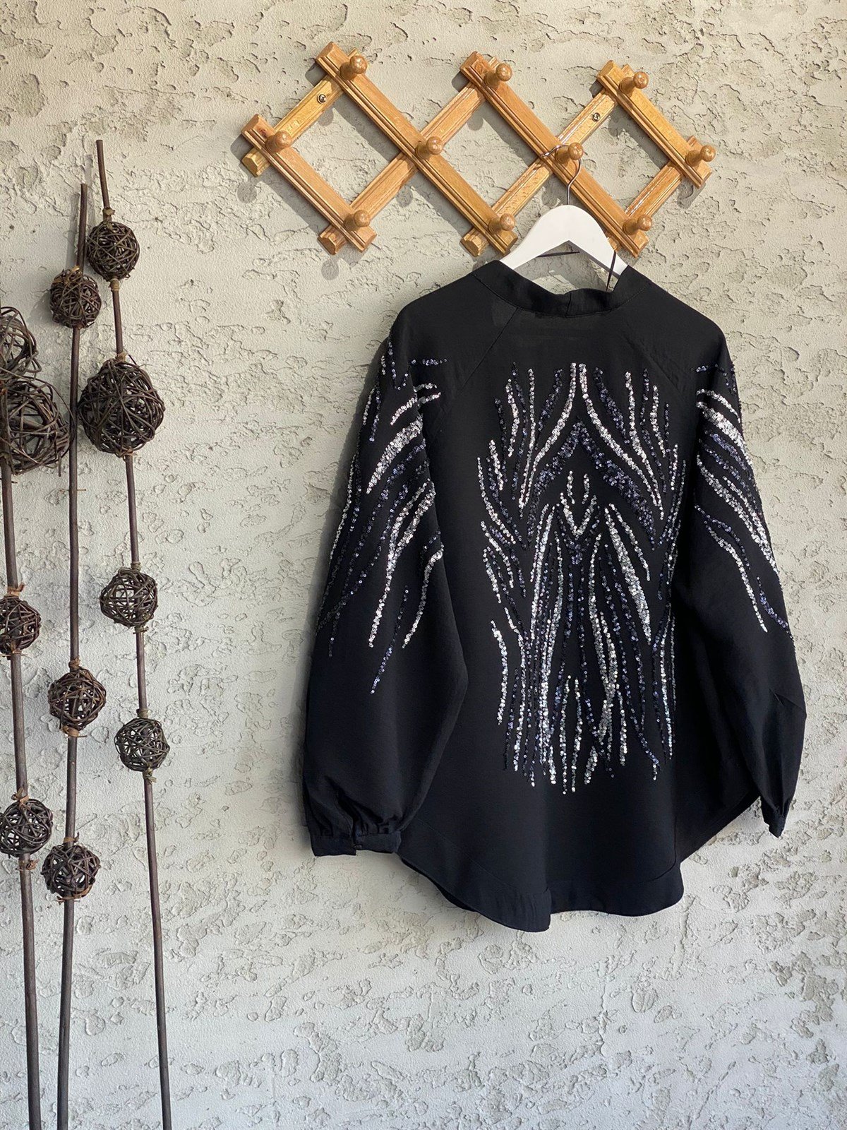 Full Payet İşlemeli Özel Tasarım Kimono (Siyah)