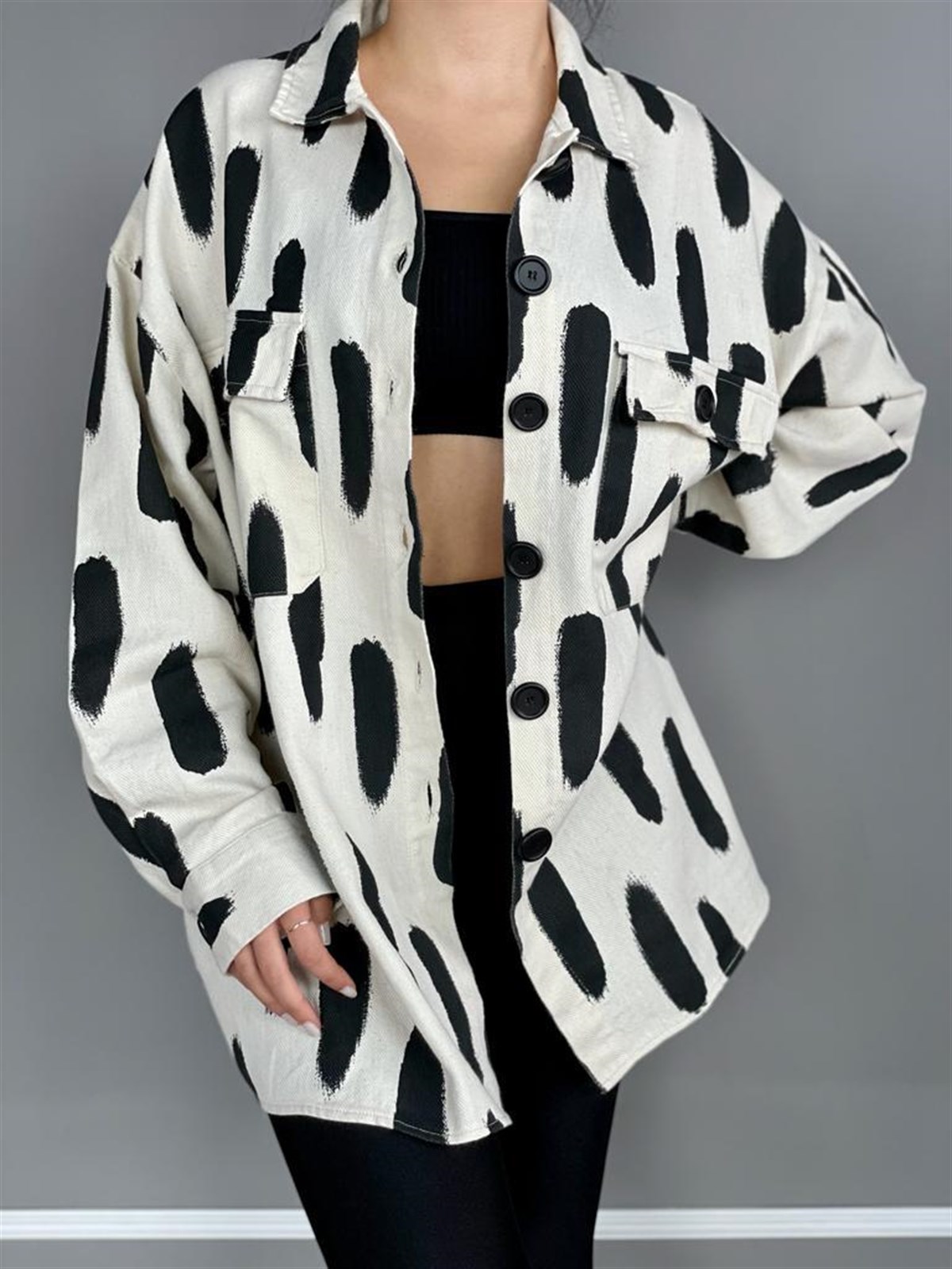 Gabardin Kumaş Fırça Desenli Oversize Gömlek