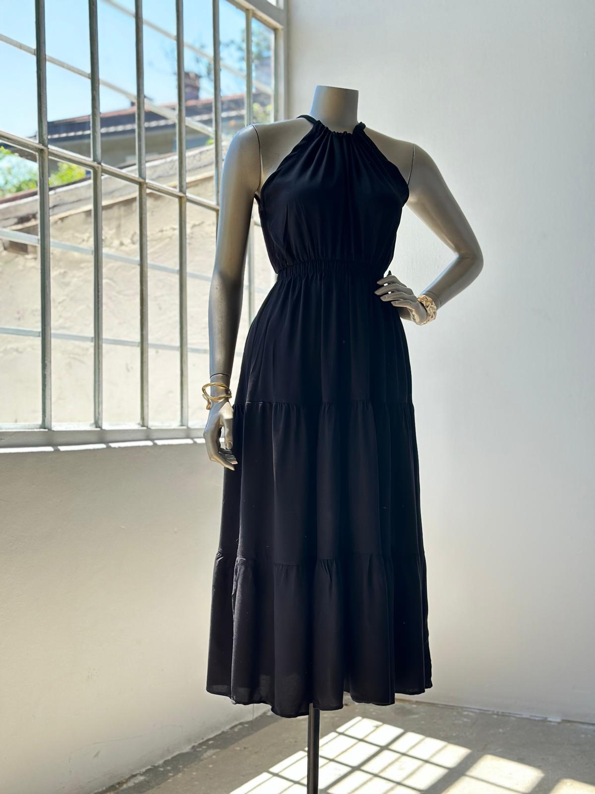 Halter Yaka Belden Lastikli Elbise (Siyah)