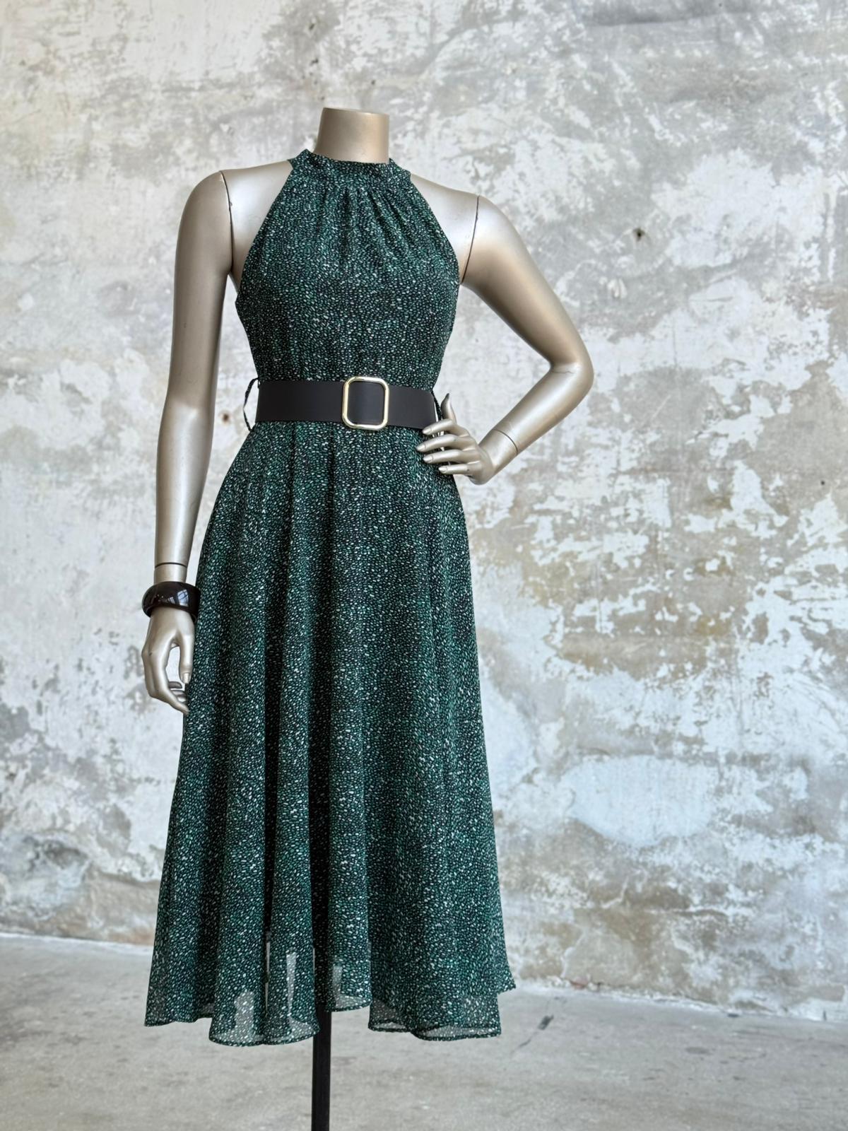 Halter Yaka Desenli Kemerli Şifon Elbise (Mavi)