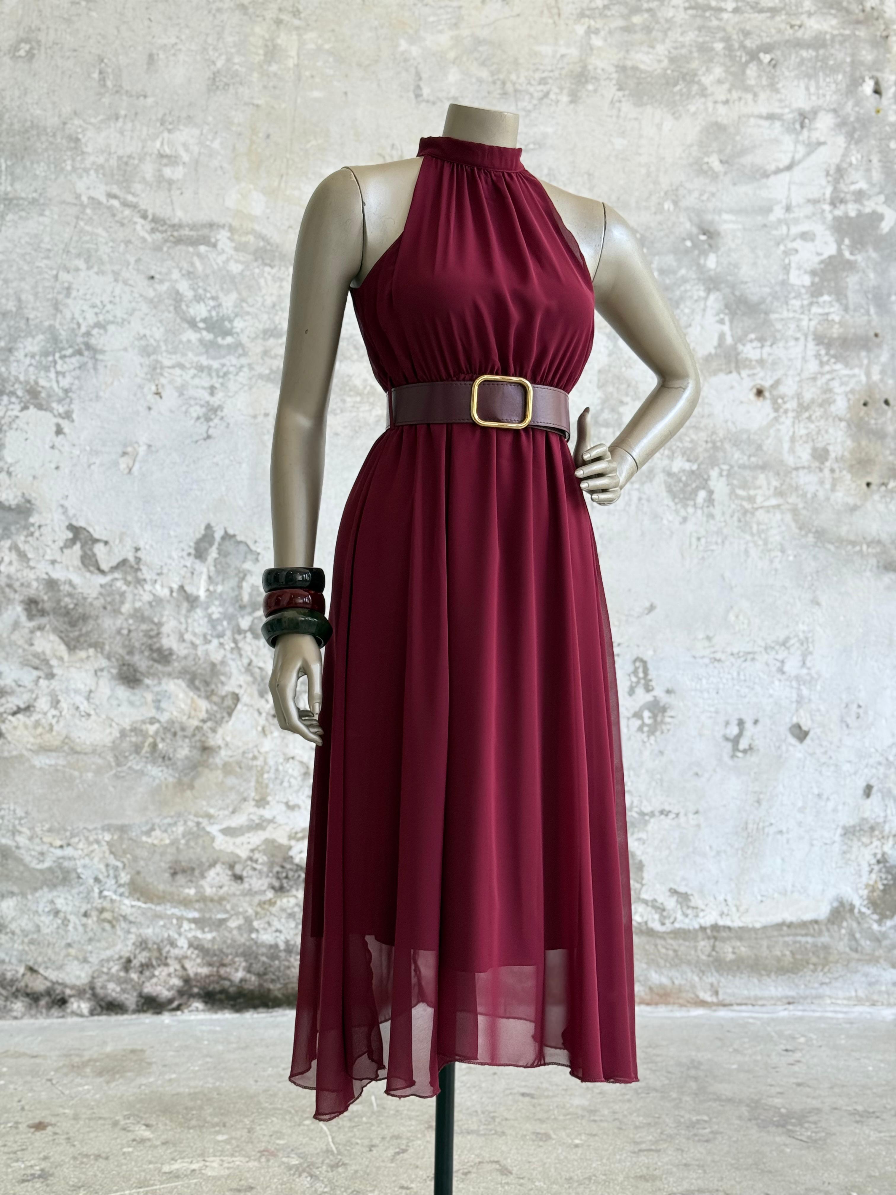 Halter Yaka Kemerli Şifon Elbise (Bordo)