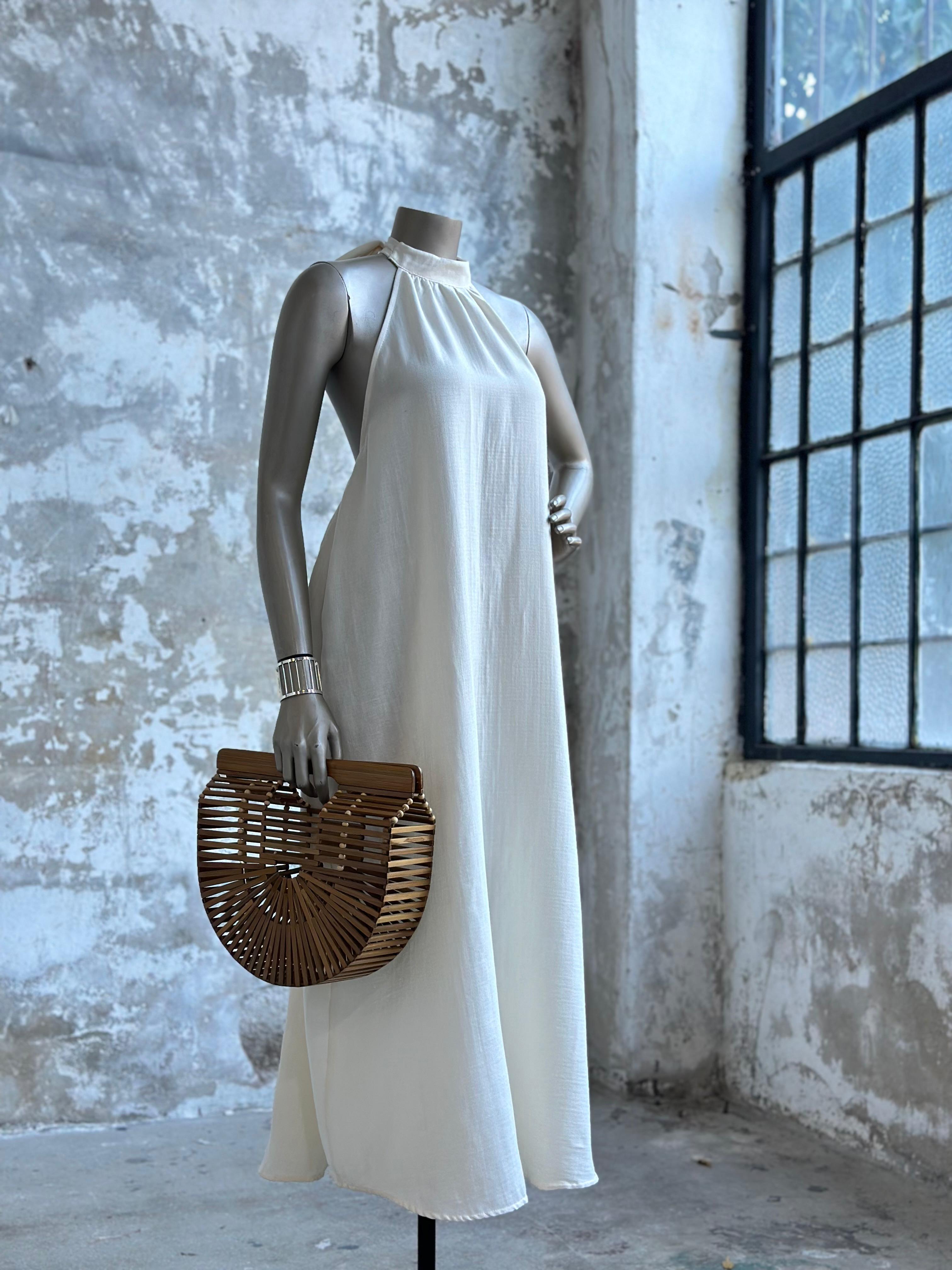 Halter Yaka Müslin Kumaş Elbise (Ekru)