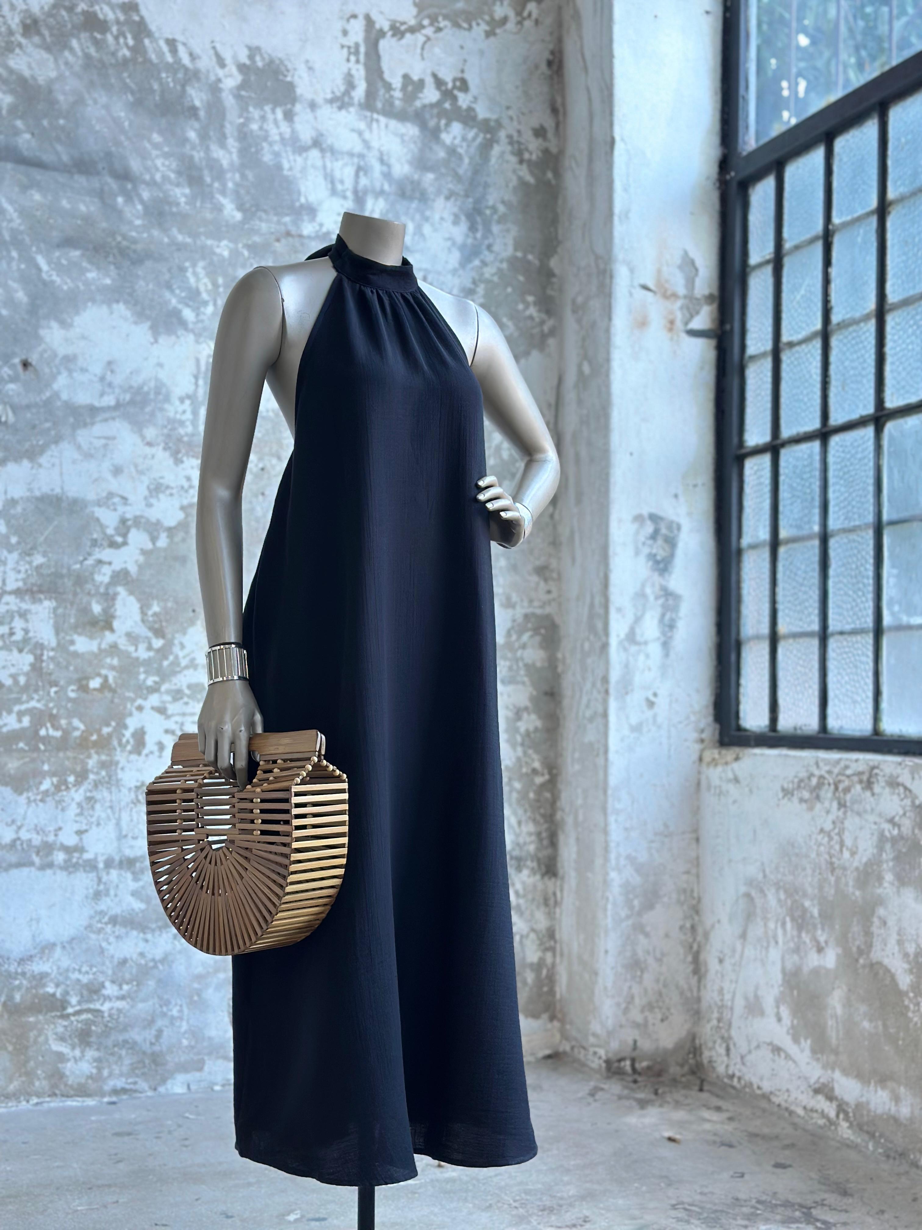 Halter Yaka Müslin Kumaş Elbise (Siyah)