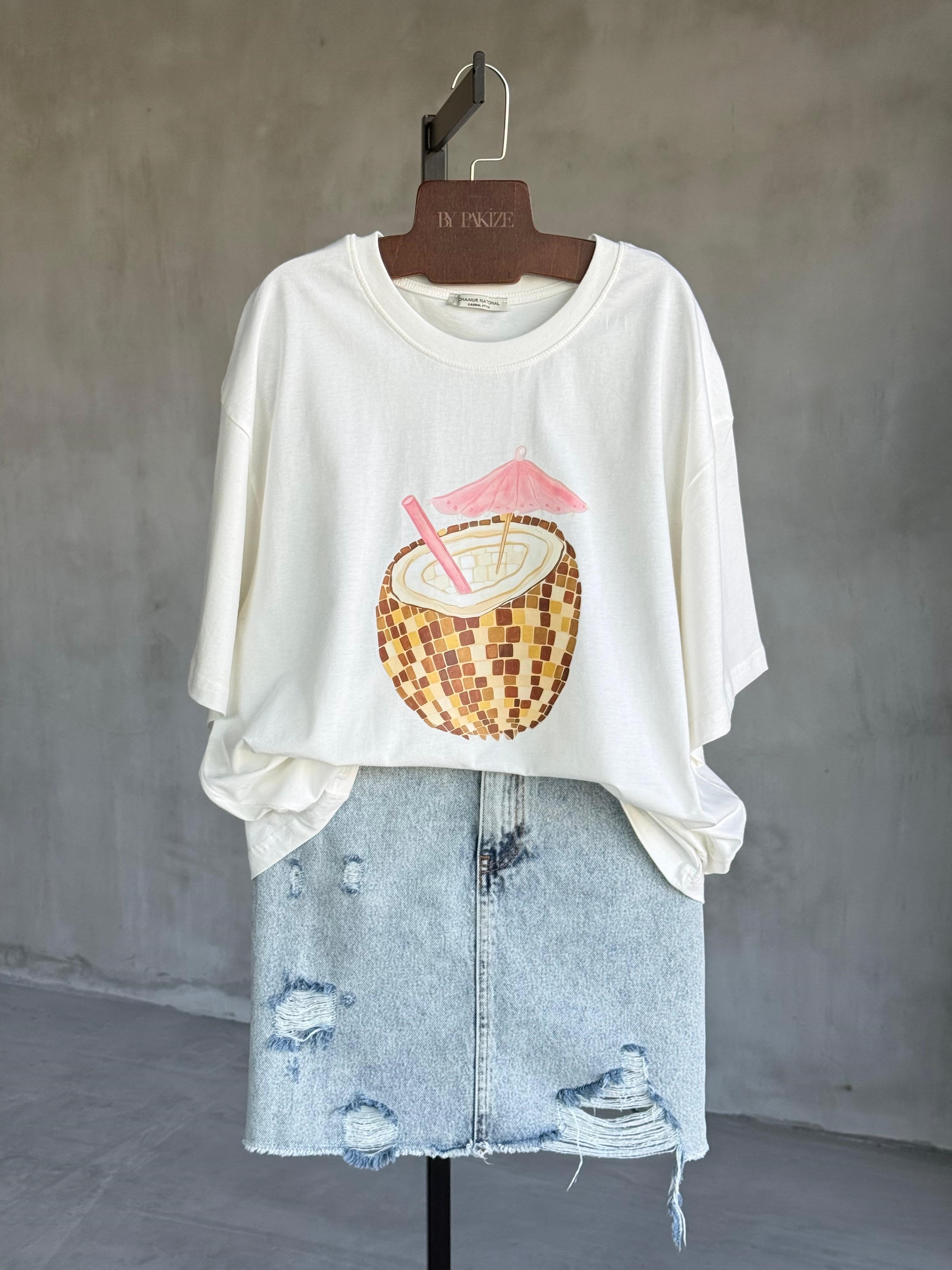 Hindistan Cevizi Baskılı Oversize Tişört (Beyaz)