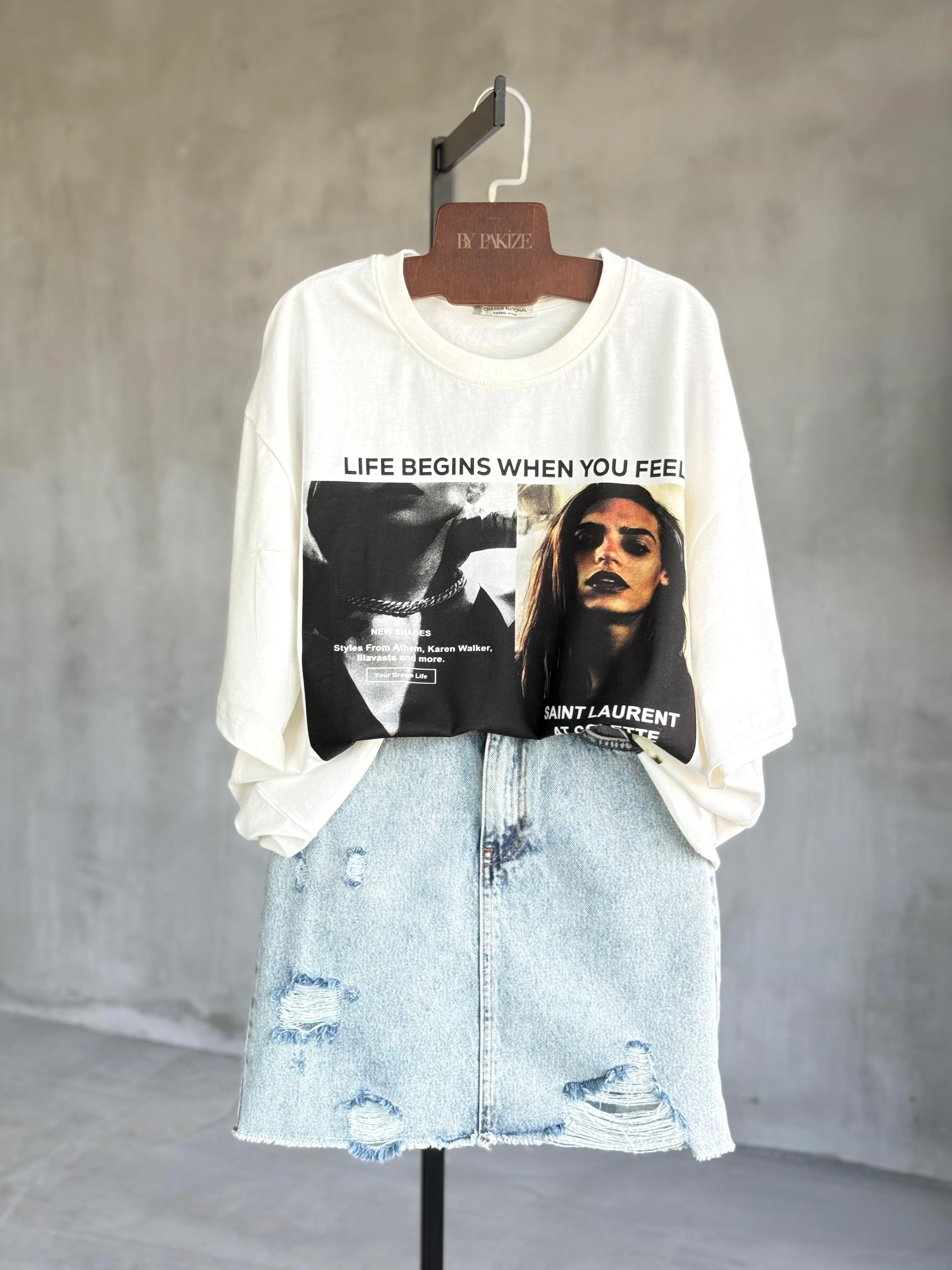 I Don't Care Baskılı Oversize Tişört (Beyaz)