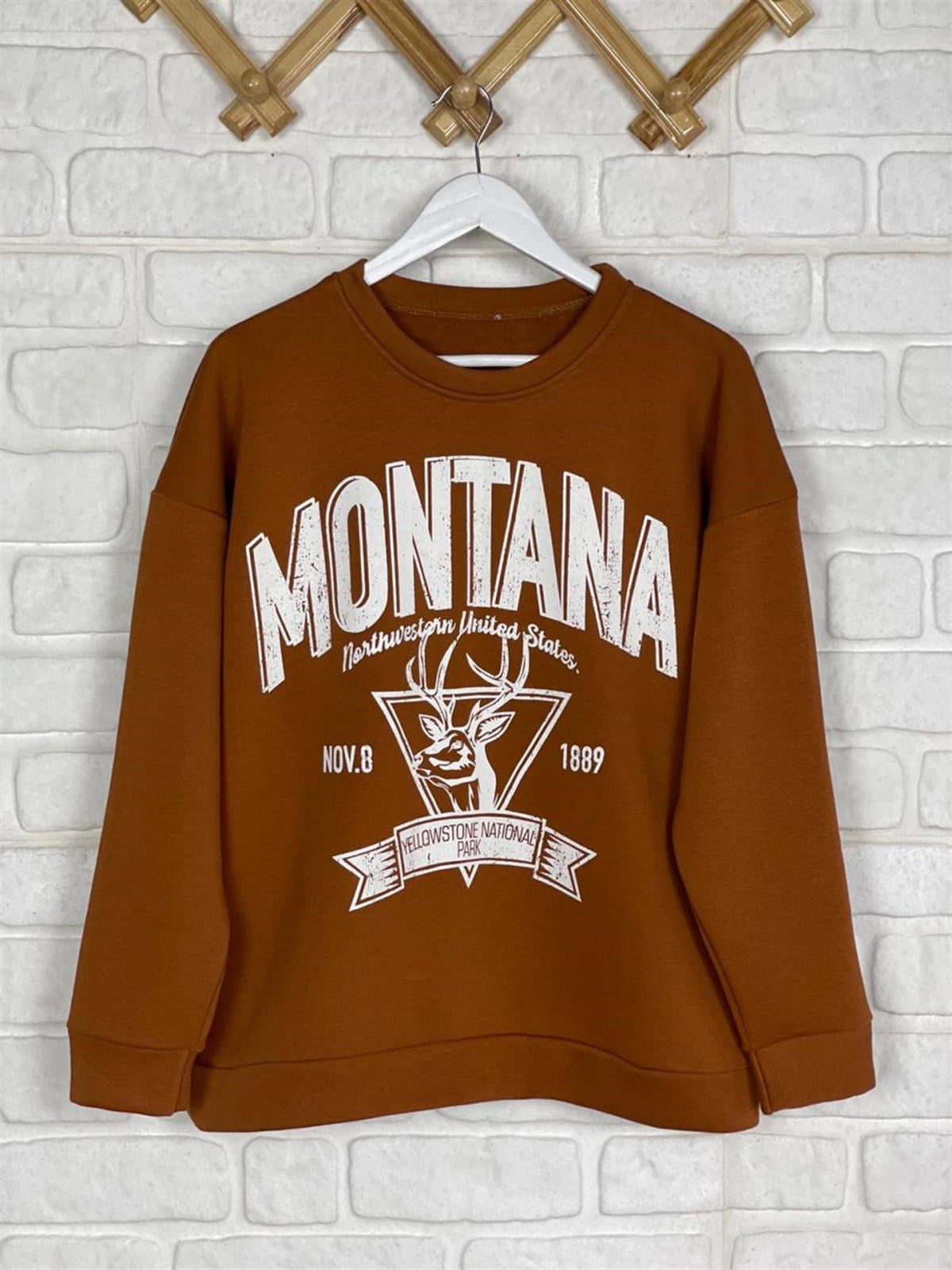 İkiiplik Kumaş İçi Şardonlu Yazı Baskılı Sweatshirt  (KİREMİT)