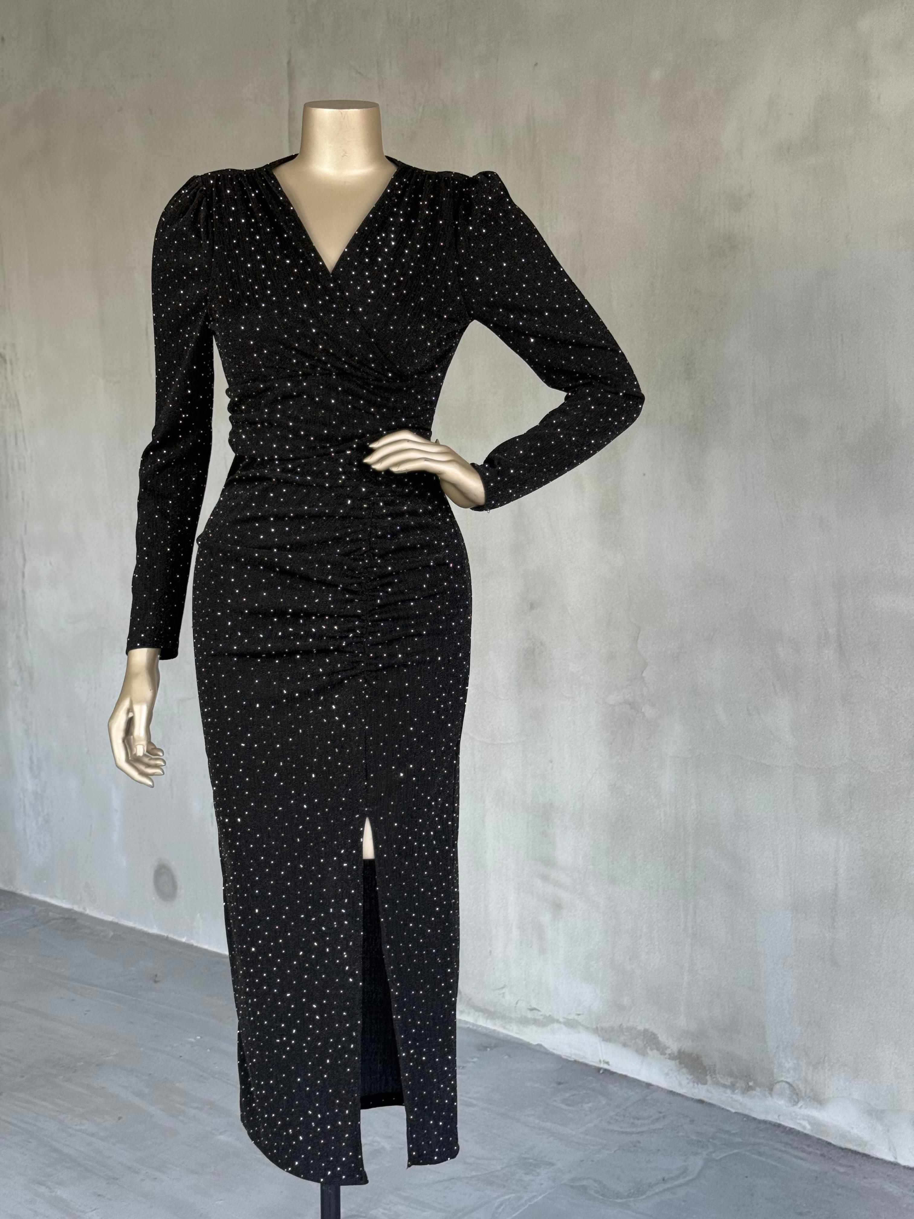 Işıltılı Drapeli Uzun Elbise (Siyah)