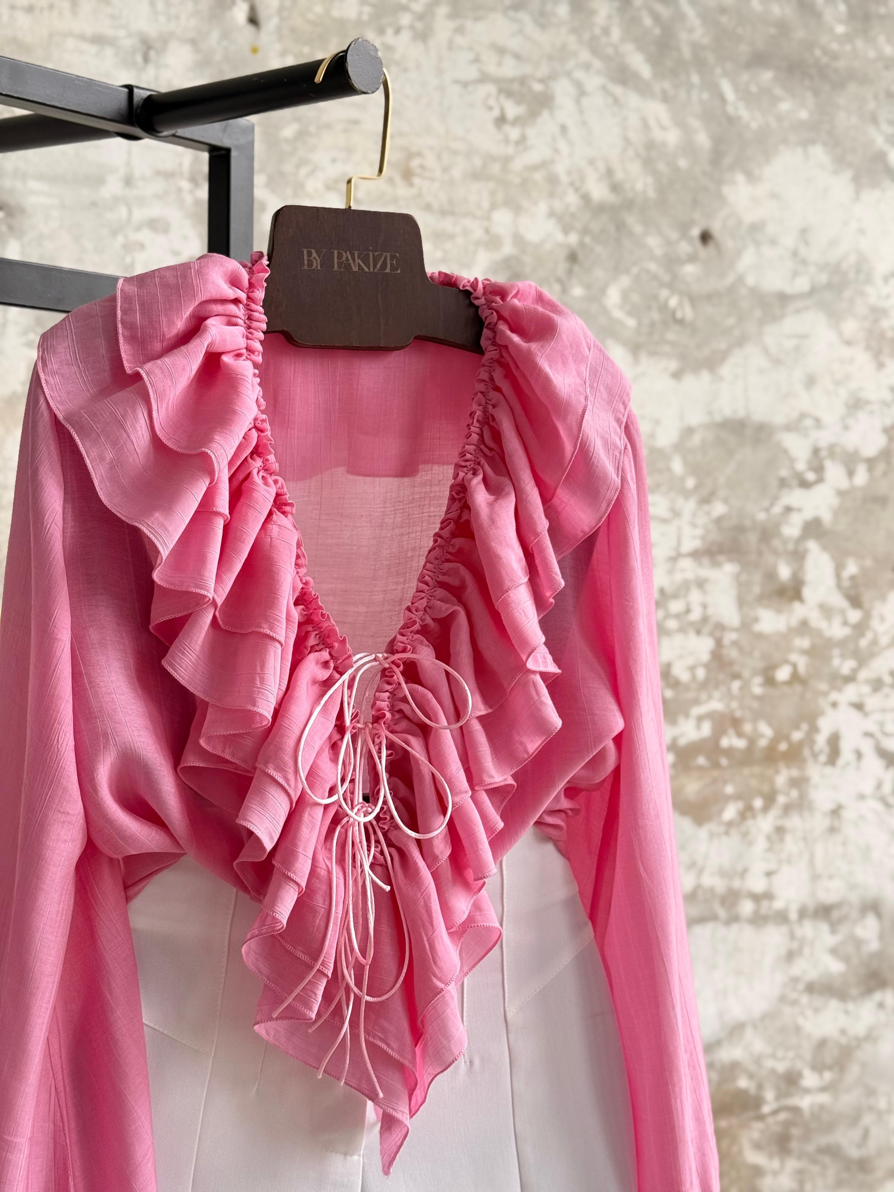 İthal Kumaş Fırfırlı Bağcık Detaylı Gömlek (Pembe)