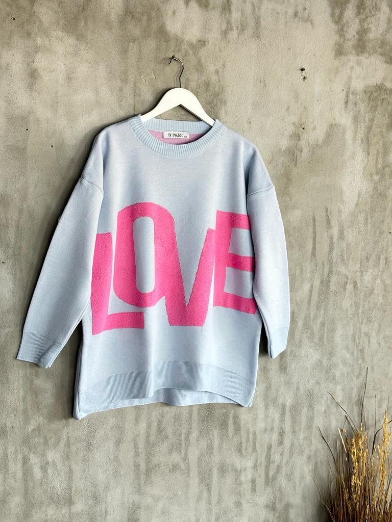 Kabartma Love Yazı Desenli Çelik Örme Kadın Kazak (Buz Mavisi)