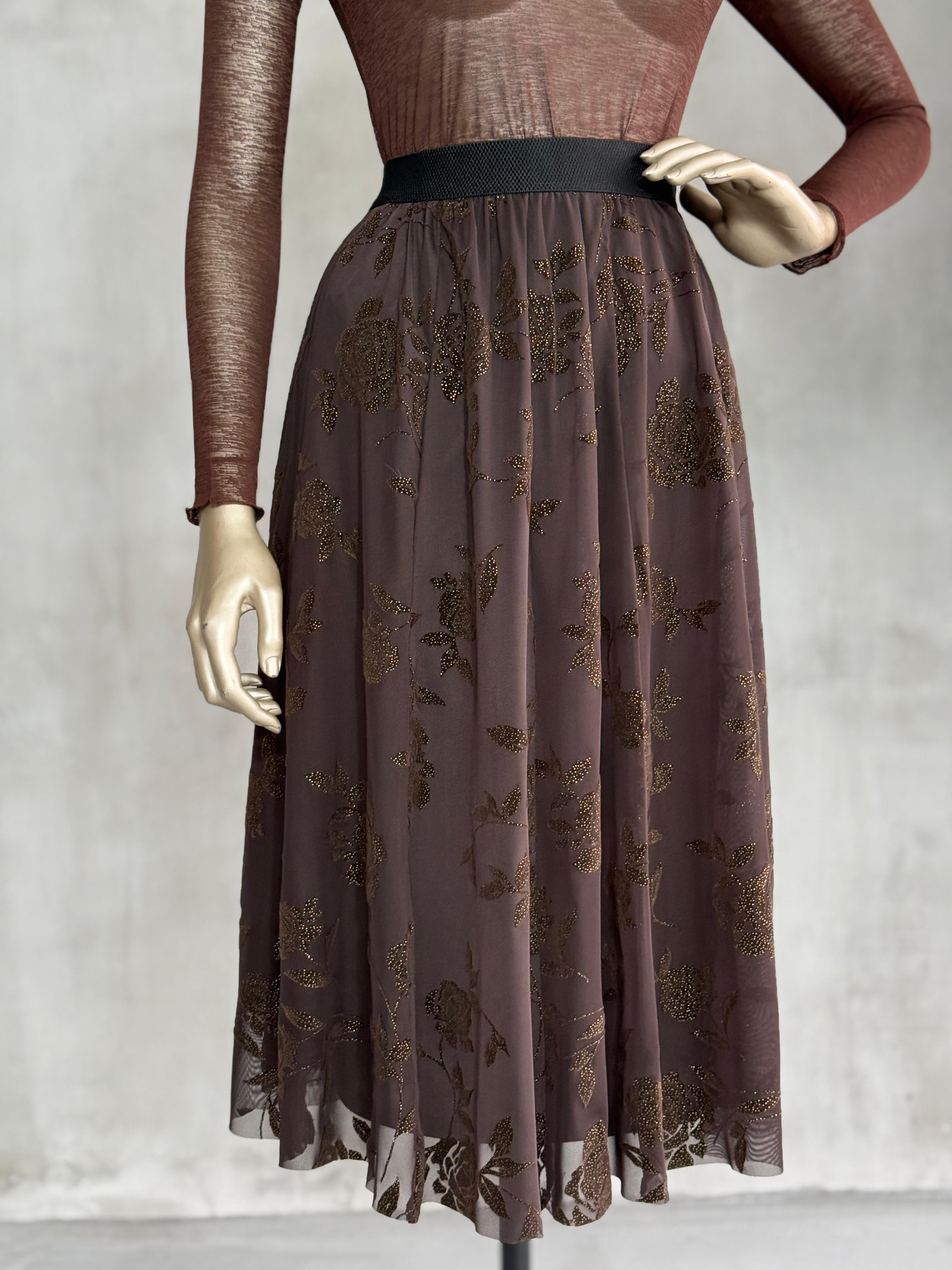 Kadife Kabartma Çiçek Detaylı Şifon Midi Etek  (Kahve)