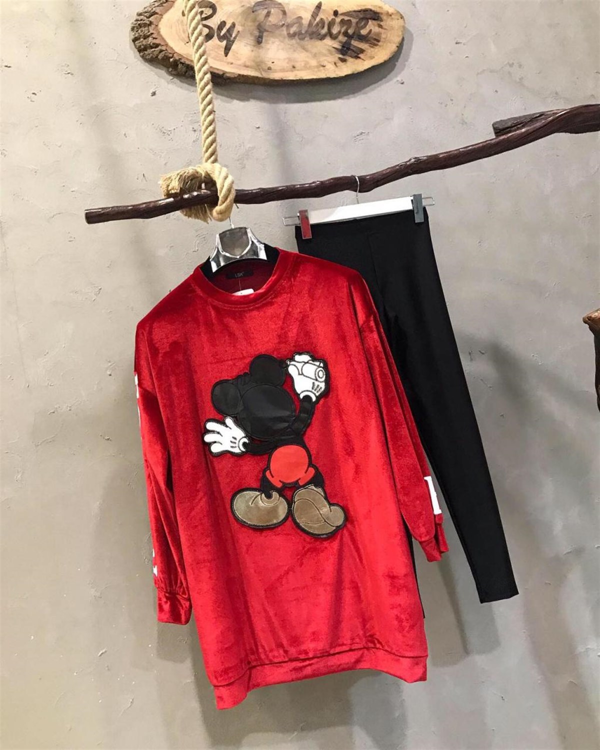 Kadife Kumaş Mickey Sweat (KIRMIZI)