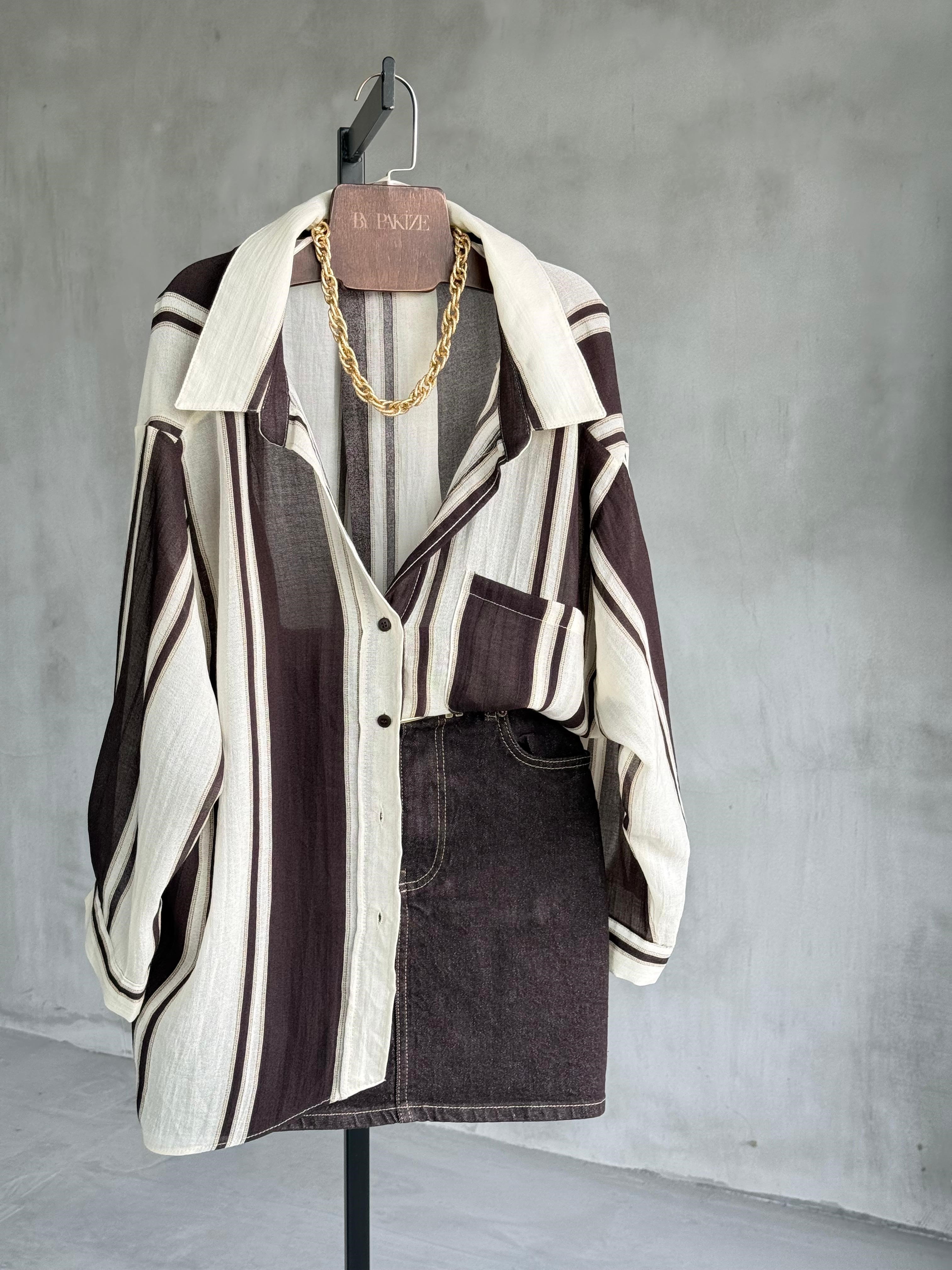 Kahve Çizgili Viskon Keten Kumaş Gömlek (Taş)