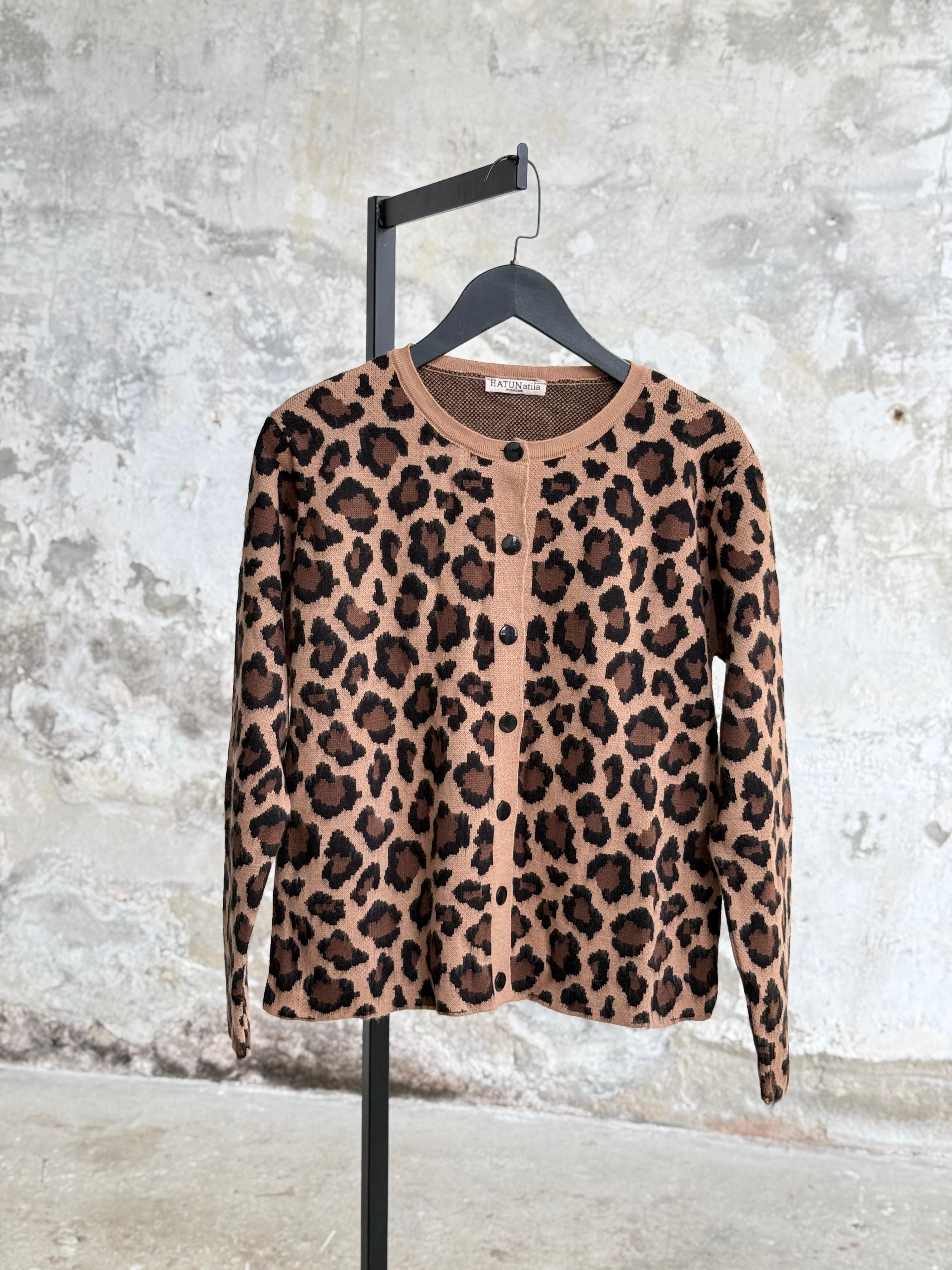 Kahve Leopar Desenli Triko Hırka (Camel)