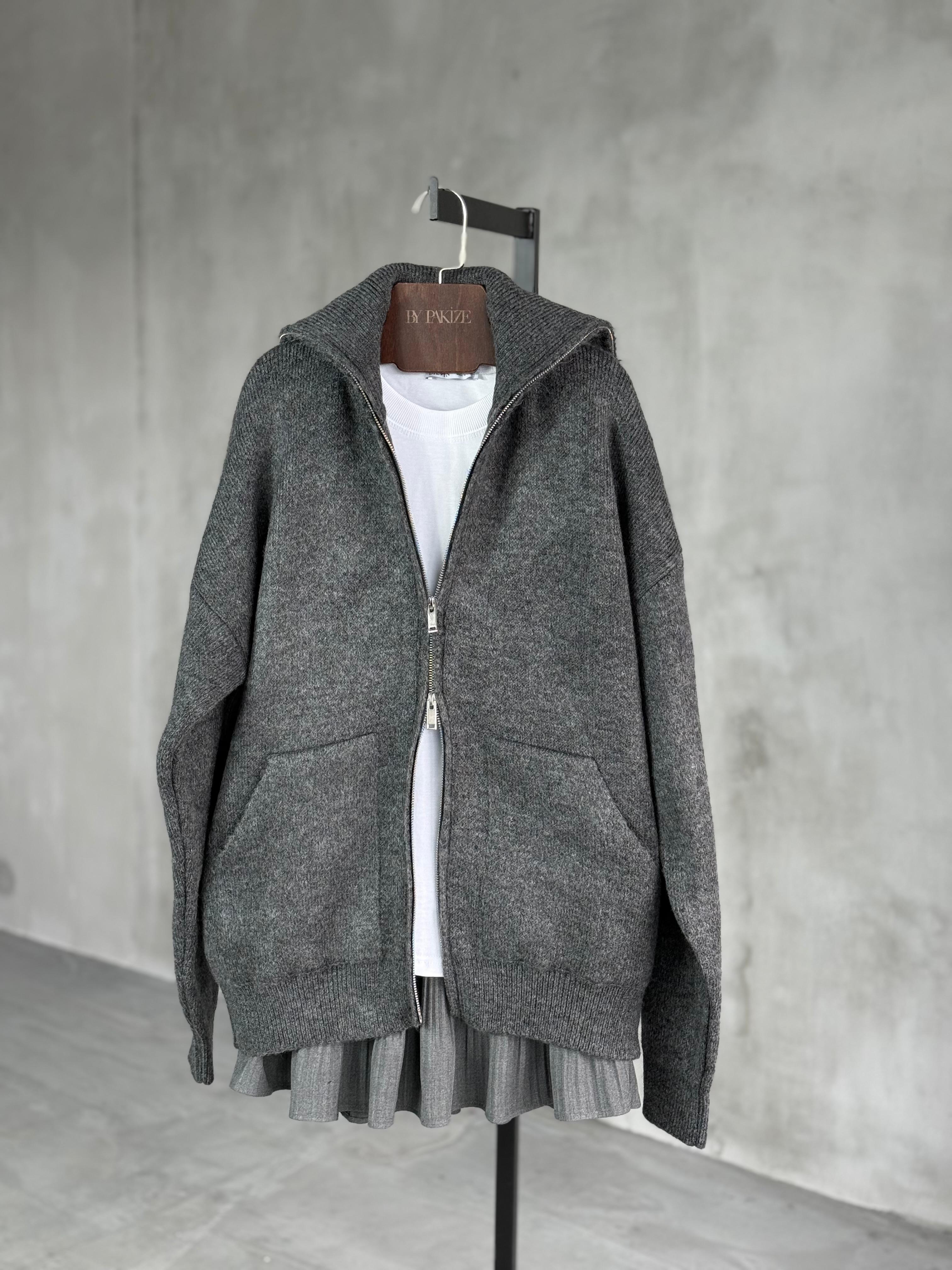 Kalın Dokulu Şardonlu Kaşmir Fermuarlı Hırka (Antrasit)