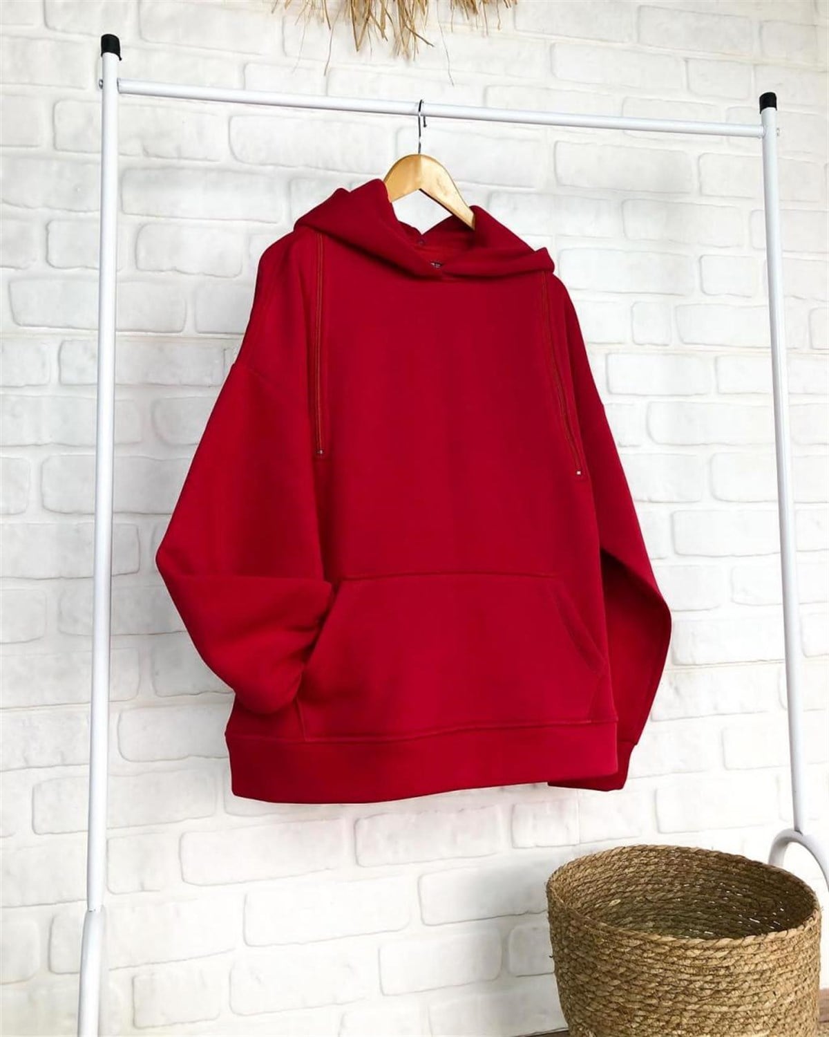 Kapşonlu Fermuar Detaylı Sweatshirt (KIRMIZI)