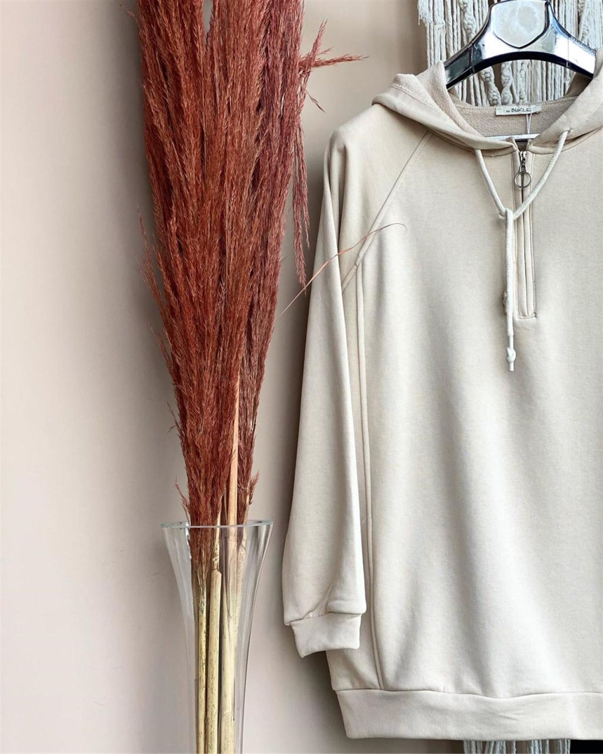 Kapşonlu Önden Fermuarlı Tunik Sweatshirt (KREM)