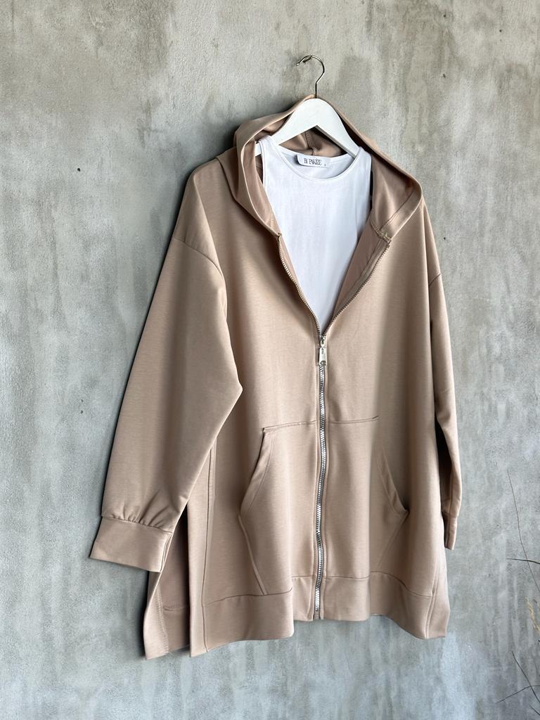 Kapşonlu Oversize Tunik Hırka (Camel)
