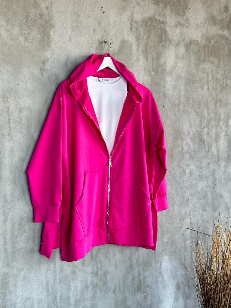 Kapşonlu Oversize Tunik Hırka (Fuşya)