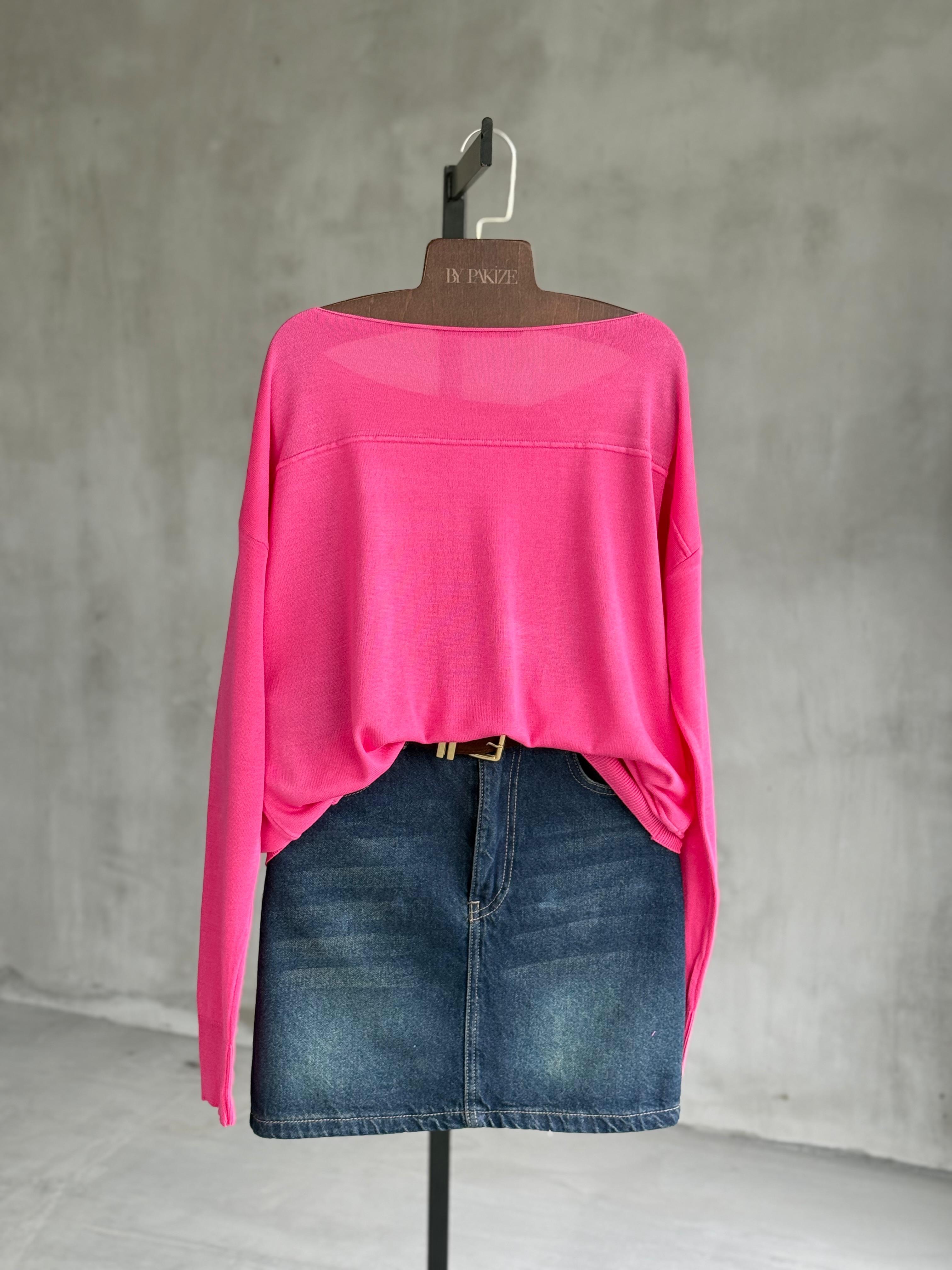 Kayık Yaka Merserize Kazak (Fuşya)